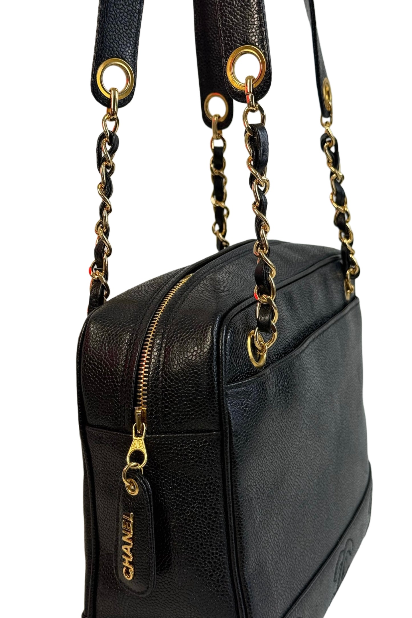 Chanel Vintage 90s Black Caviar Timeless Triple CC Shoulder Chain Tote Bag