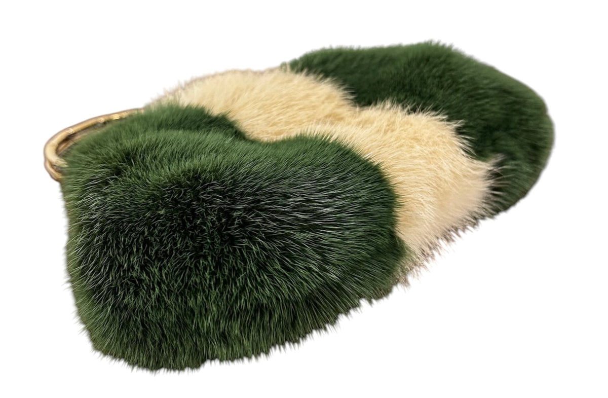 Gucci by Tom Ford Vintage Green & White Mink Fur Metal Bamboo Handle Top Handle Evening Bag