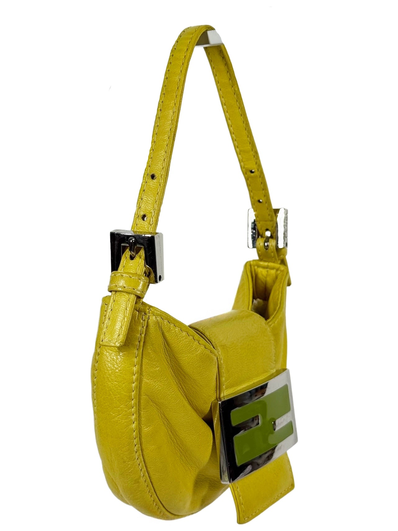 Fendi Vintage Yellow Lambskin Green Logo Mini Croissant Baguette
