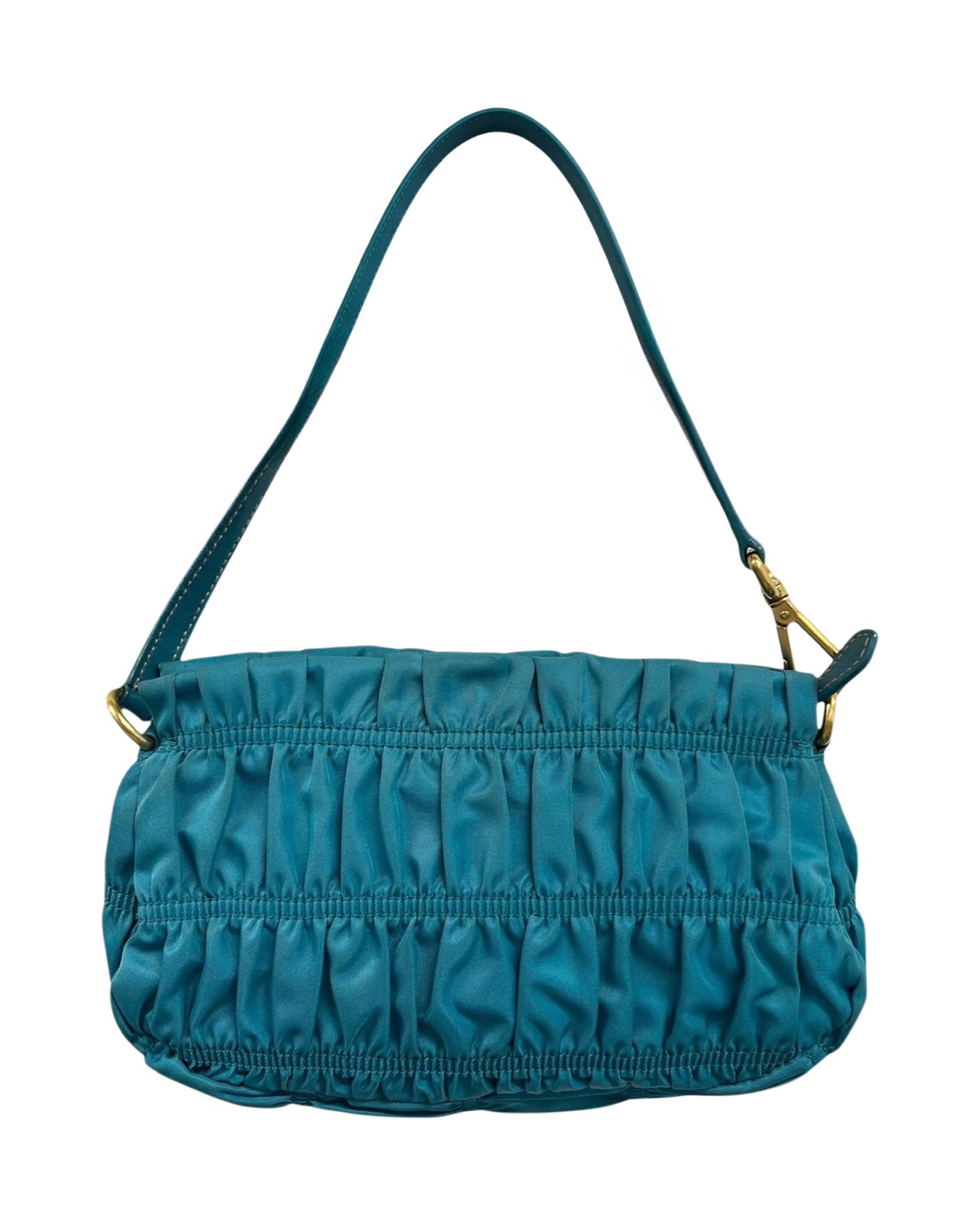 Prada Vintage Turquoise Blue Tessuto Nylon Pleated Ruffle Gaufre Small Pochette Shoulder Bag