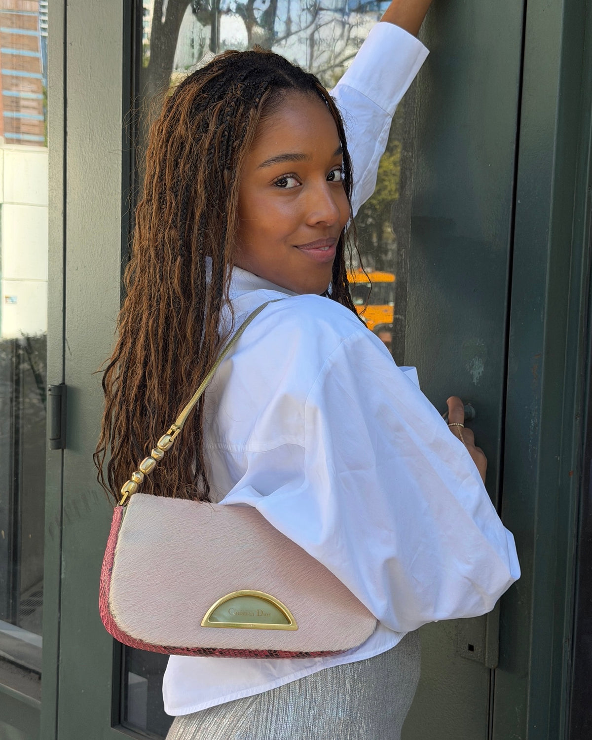 Dior Vintage 00s Pink Pony Hair & Fuchsia Python Green Trim Malice Shoulder Bag
