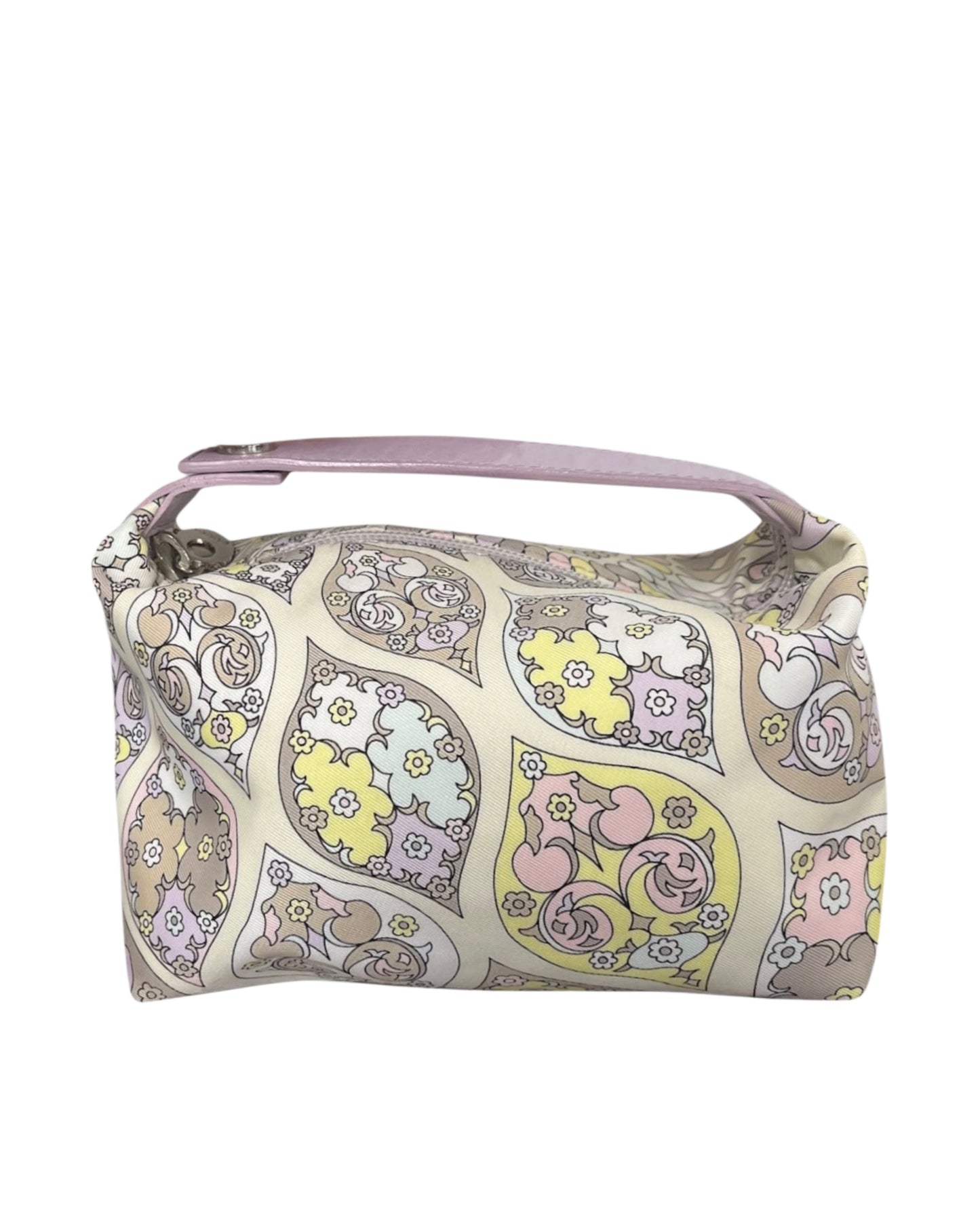 Pucci Vintage Pastel Lilac Yellow and Pink Mini Dome Cosmetic Pochette Top Handle Bag