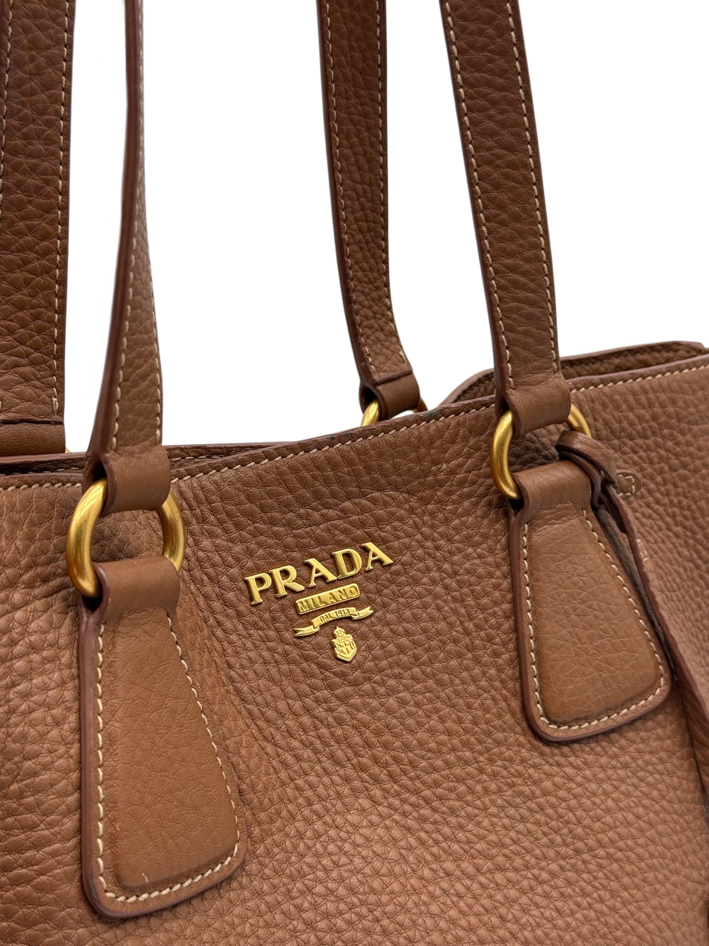 Prada Brown Leather Vitelo Daino Side Zip Shoulder Tote Bag
