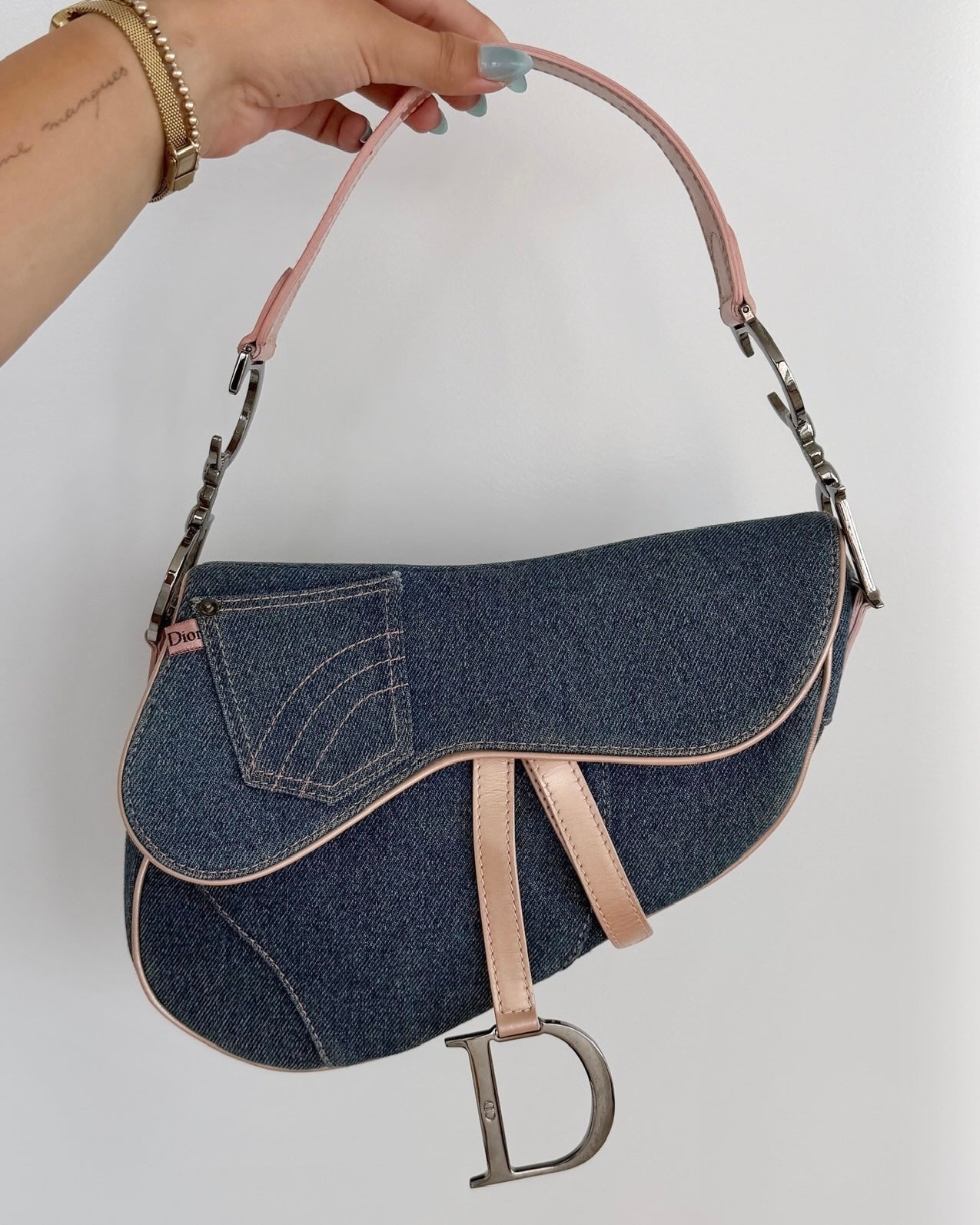 Dior Vintage 2002 Light Blue Denim Pink Patent Trim Jeans Saddle Bag