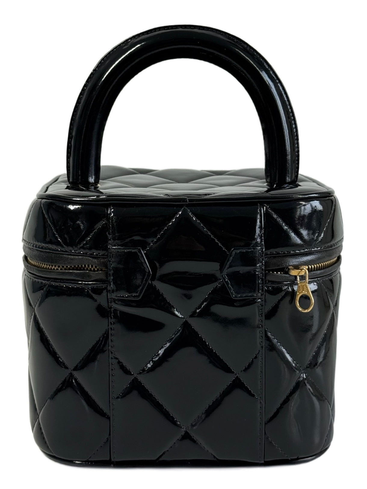 Chanel Vintage 1997 Black Quilted Patent Leather Turnlock Top Handle Vanity Bag w 24K GPHW