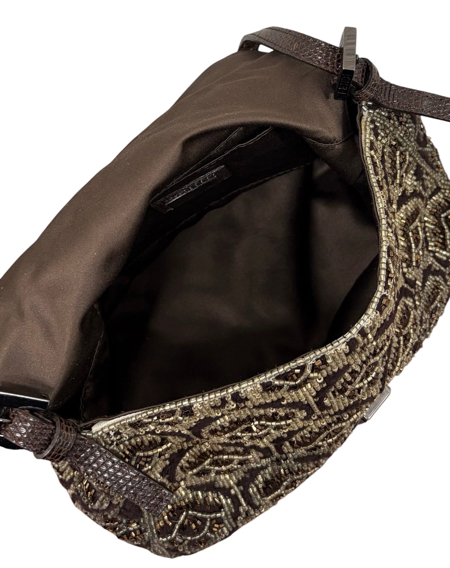 Fendi Vintage Brown Beaded Floral Embroidered Crystal Lizard Trim Mini Mamma Shoulder Baguette Bag