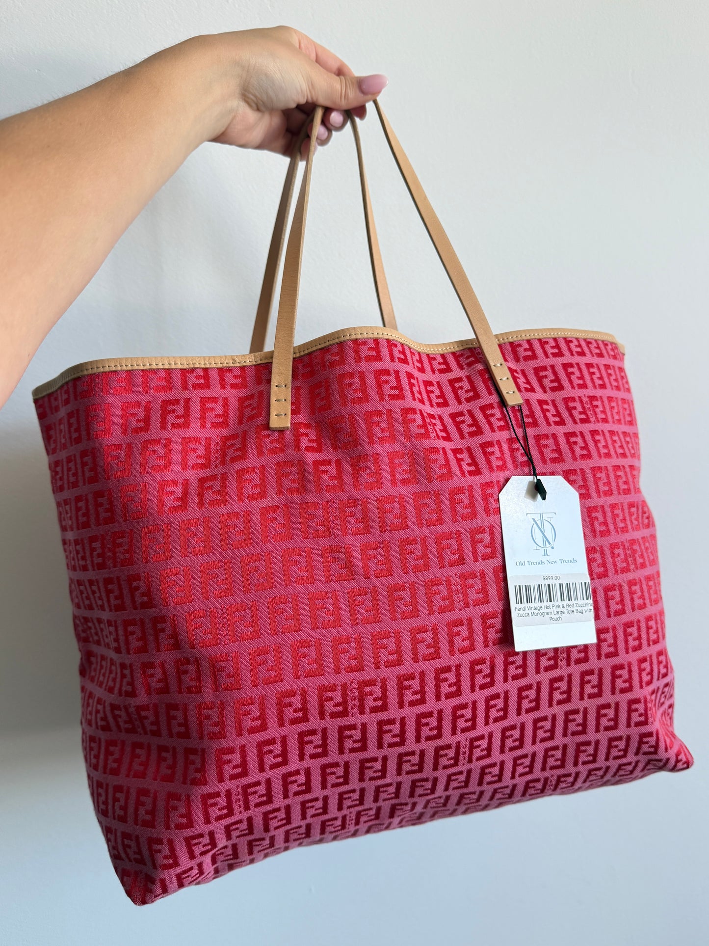 Fendi Vintage Hot Pink & Red Zucchino Zucca Monogram Large Tote Bag with Pouch