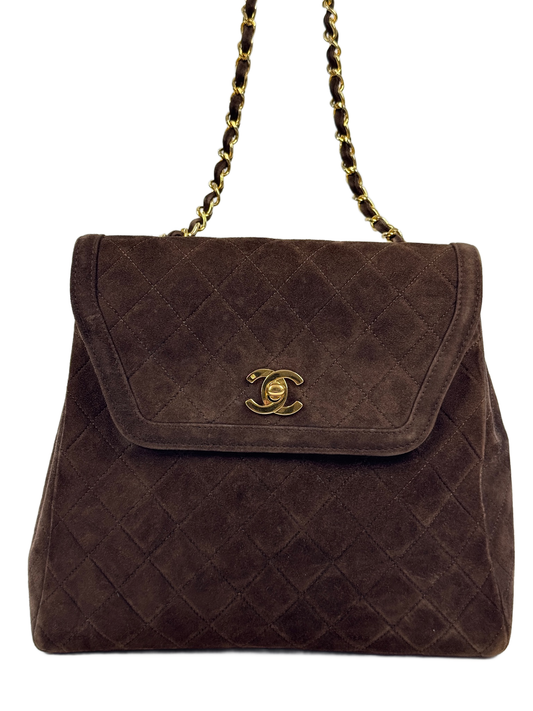 Chanel Vintage Late 80s Brown Suede Quilted Trapezoid Classic Flap Crossbody Shoulder Bag 