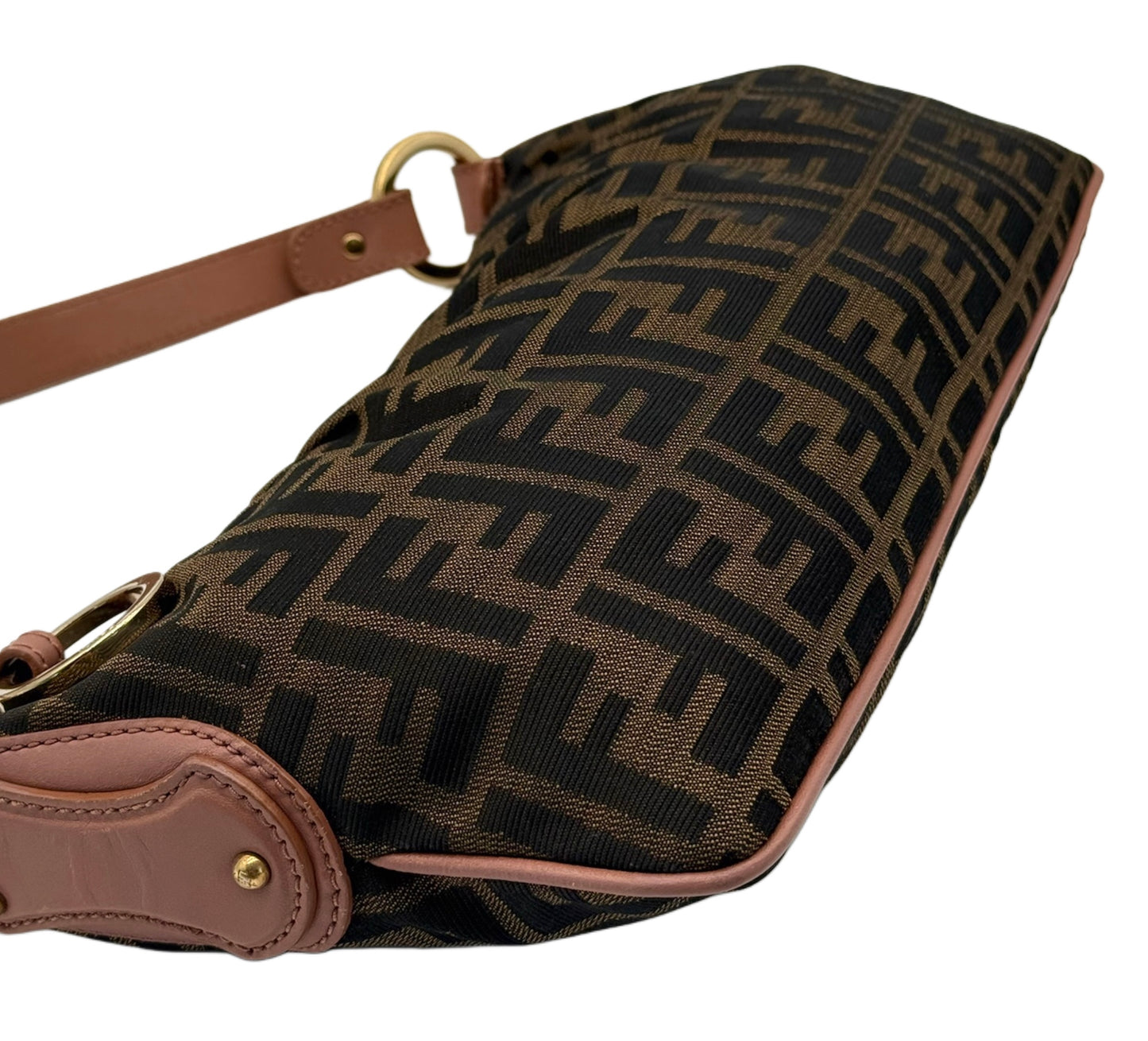 Fendi Vintage Brown Zucca Monogram O Ring Large Pochette Shoulder Bag w Mauve Pink Leather Trim