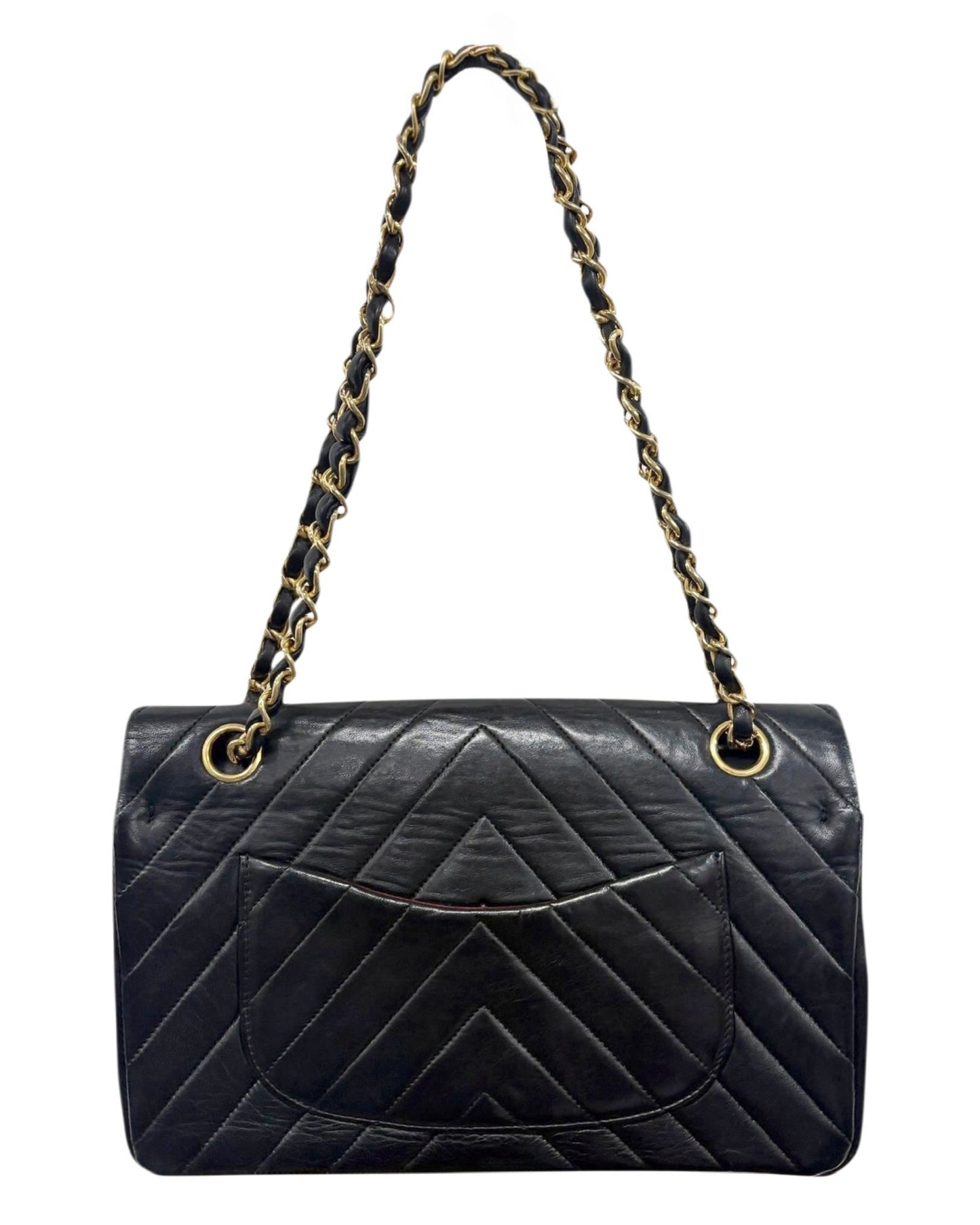 Chanel Vintage 80s/90s Black Chevron Quilted Lambskin Medium Classic Double Flap Bag with 24K GPHW