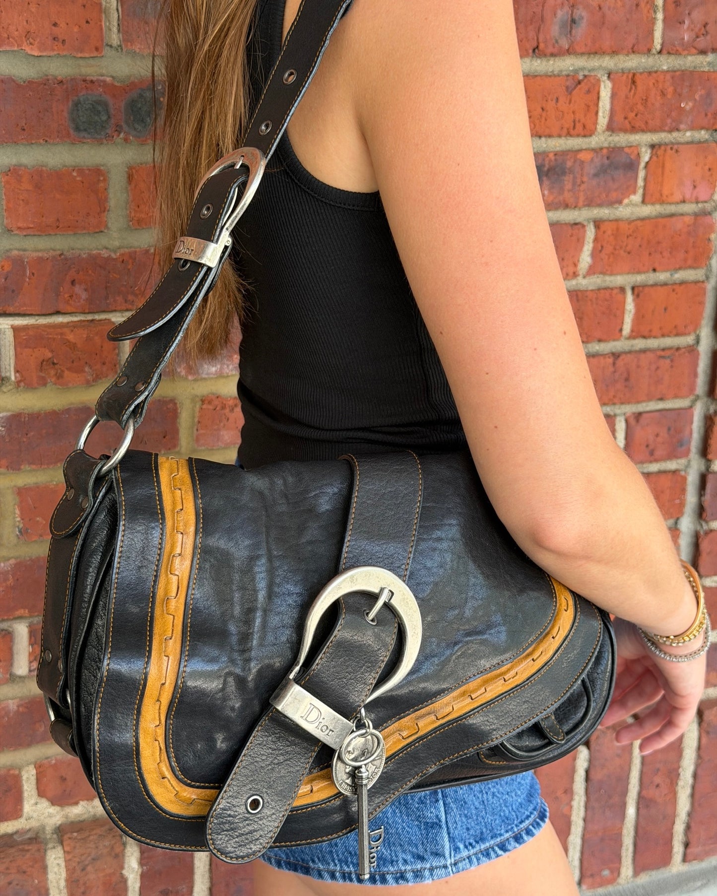Dior by John Galliano Vintage 2006 Black & Brown Leather Small Gaucho Shoulder Saddle Messenger Bag