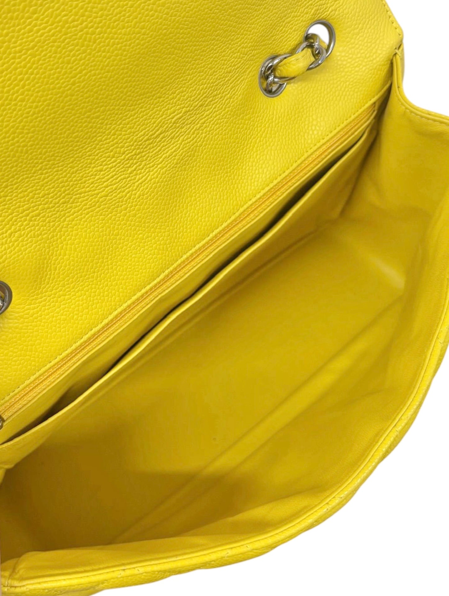 Chanel Yellow Quilted Caviar Jumbo Classic Single Flap Bag with Silver Hardware 
