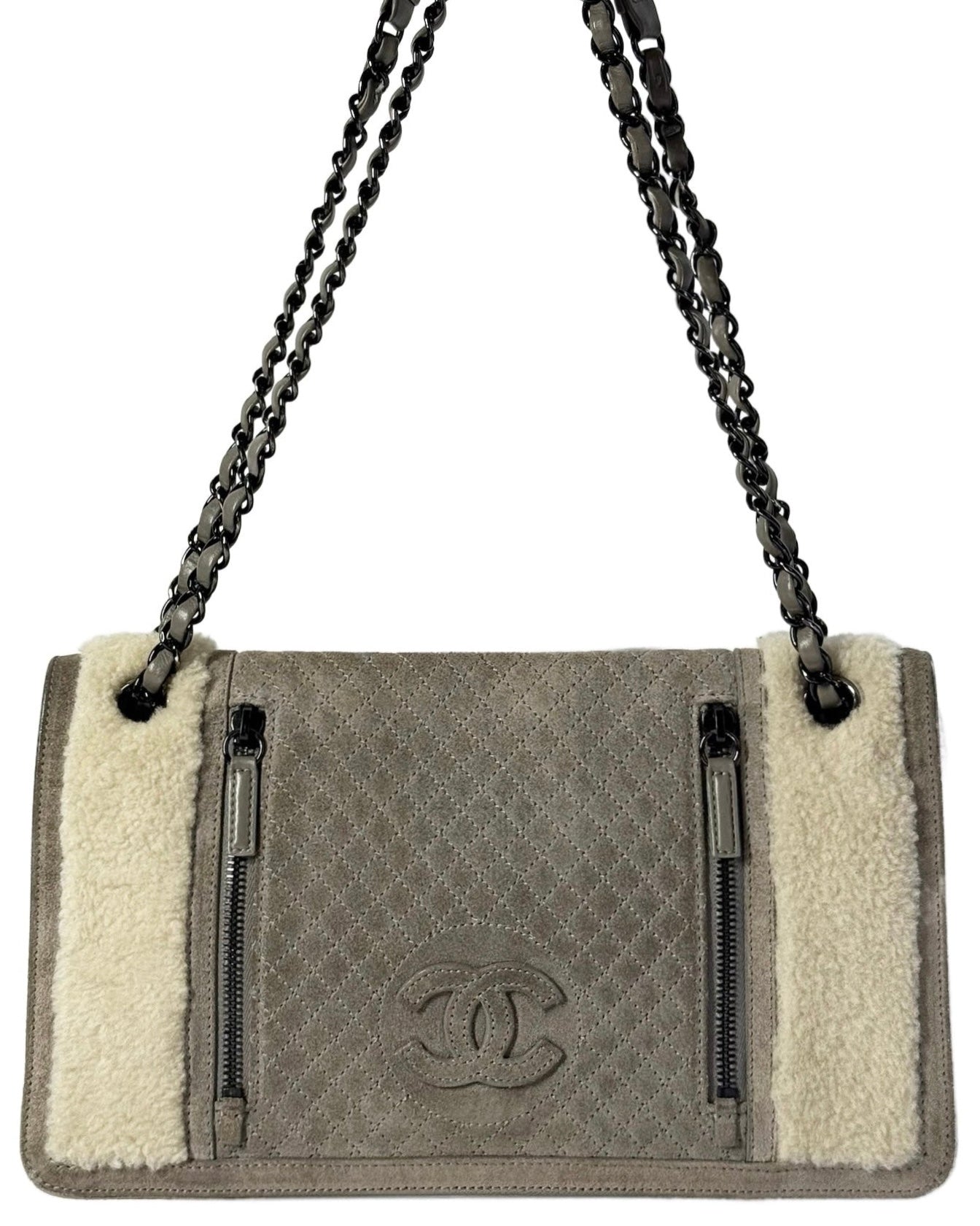 Chanel Gray Quilted Suede & Ivory Shearling Shoulder Flap Bag