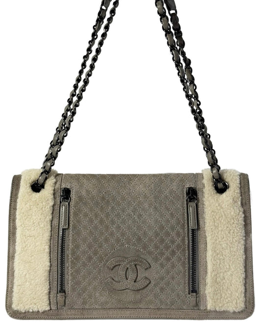 Chanel Gray Quilted Suede & Ivory Shearling Shoulder Flap Bag