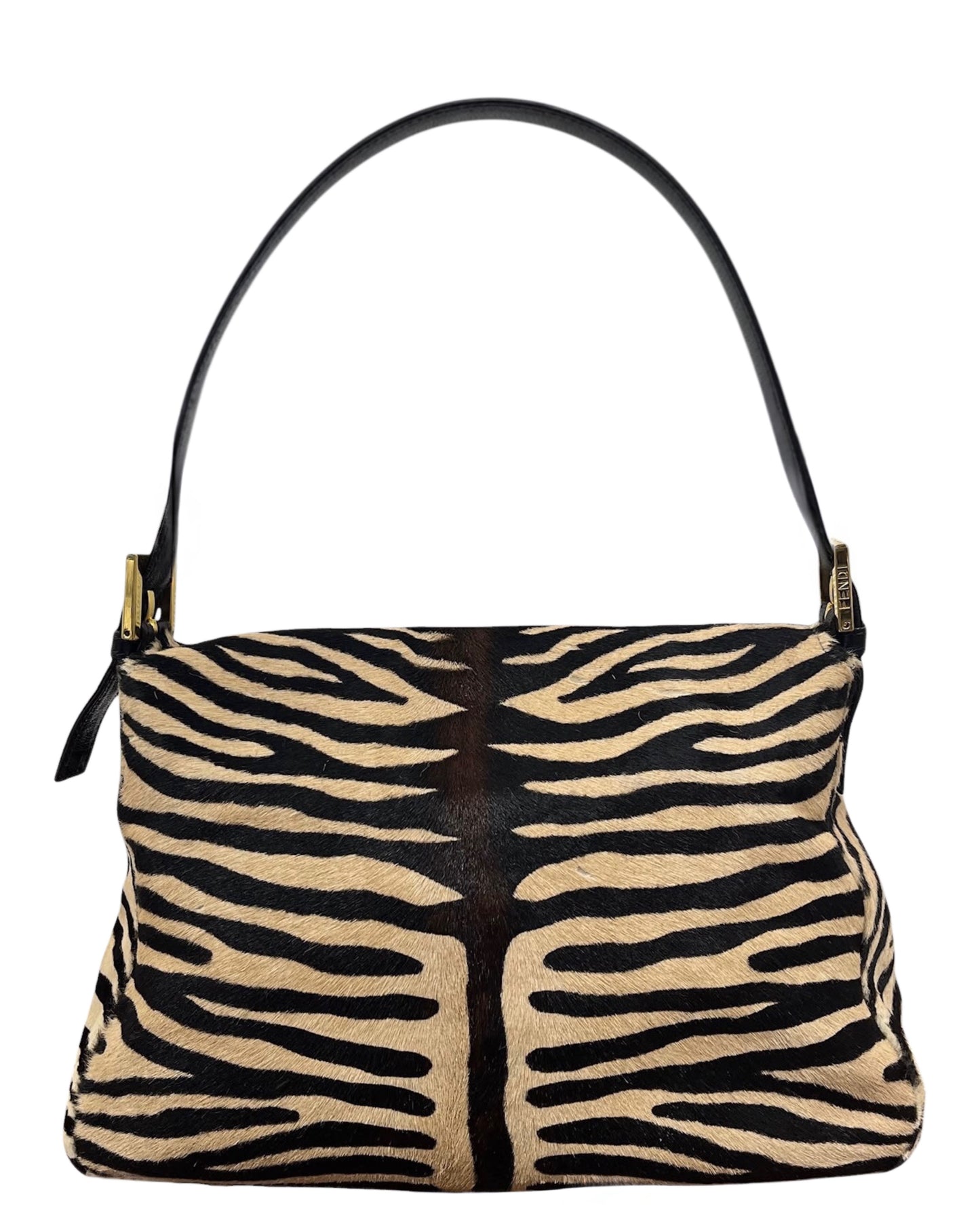 Fendi Vintage Zebra Print Pony Hair Mamma Baguette Shoulder Bag with Red Enamel Trim