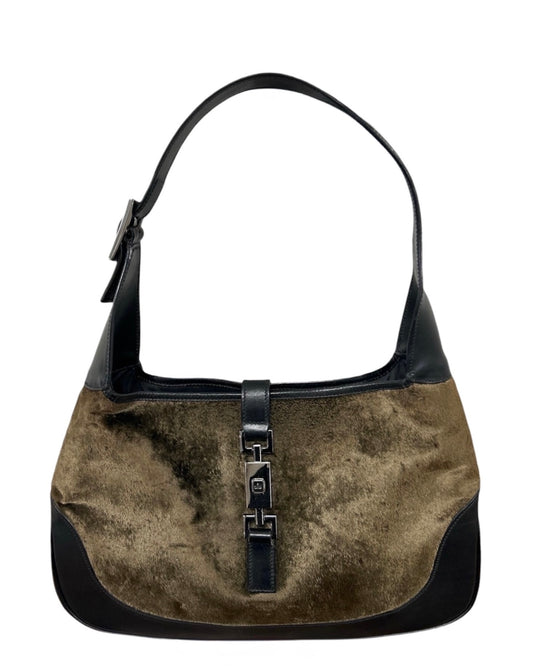 Gucci Vintage Dark Green Velour Black Leather Trim Medium Jackie Shoulder Bag