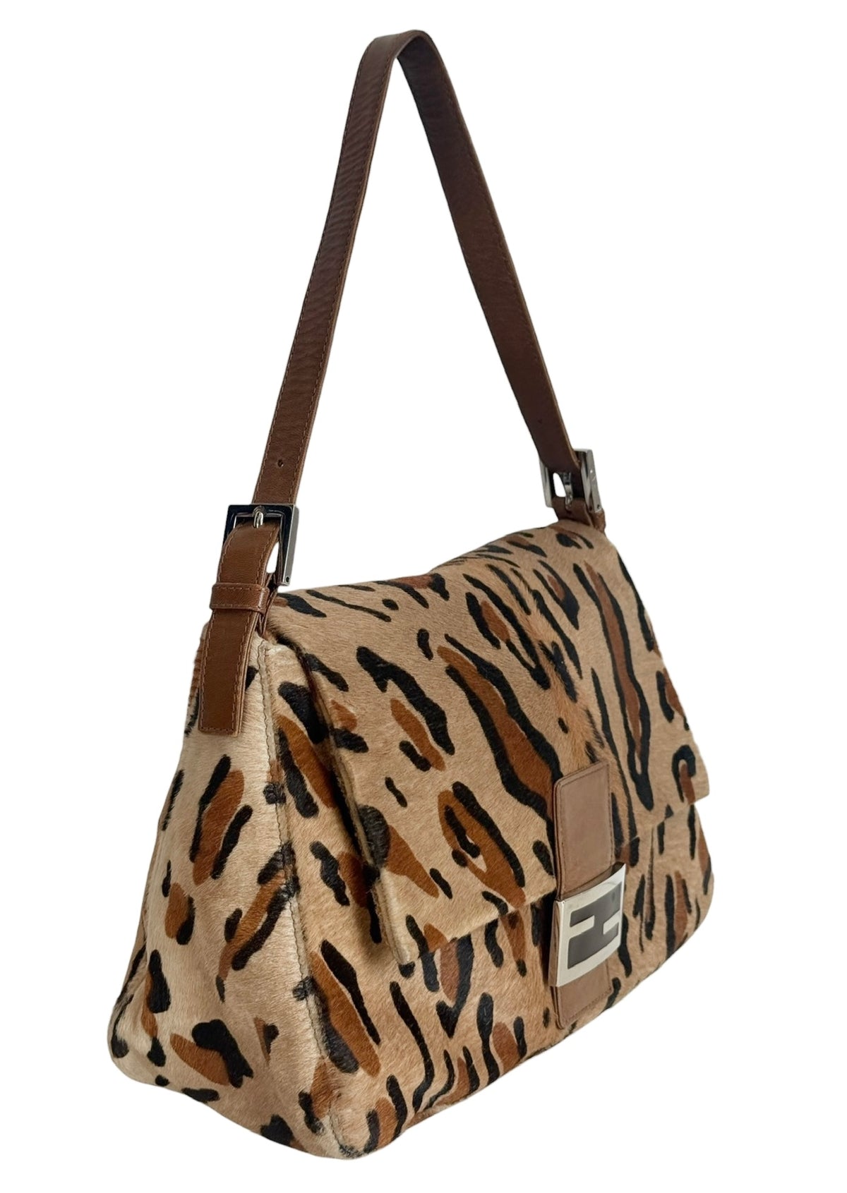 Fendi Vintage Brown Leopard Print Pony Hair Mamma Baguette Shoulder Bag
