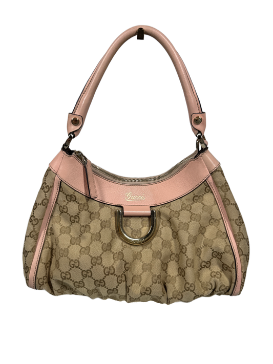 Gucci Small Brown GG Monogram with Pink Leather Abbey Hobo Shoulder Bag