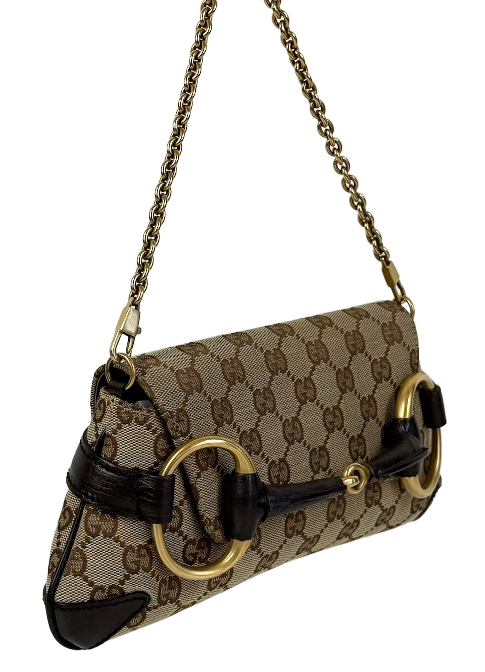 Gucci Vintage Brown GG Monogram Small Horsebit Shoulder Clutch Pochette Bag