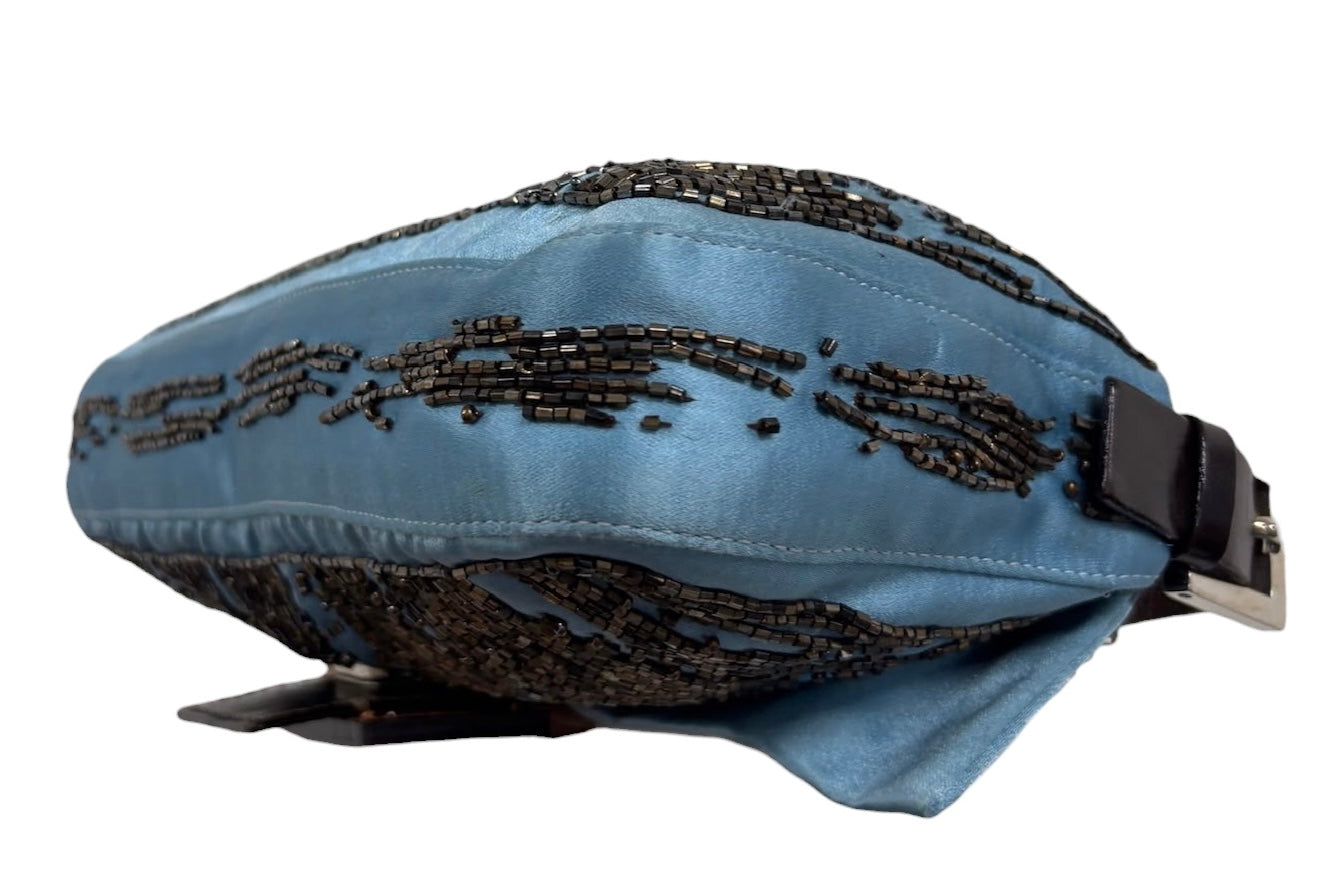 Fendi Vintage Blue Silk Beaded Orange Lizard Trim Shoulder Baguette Bag 