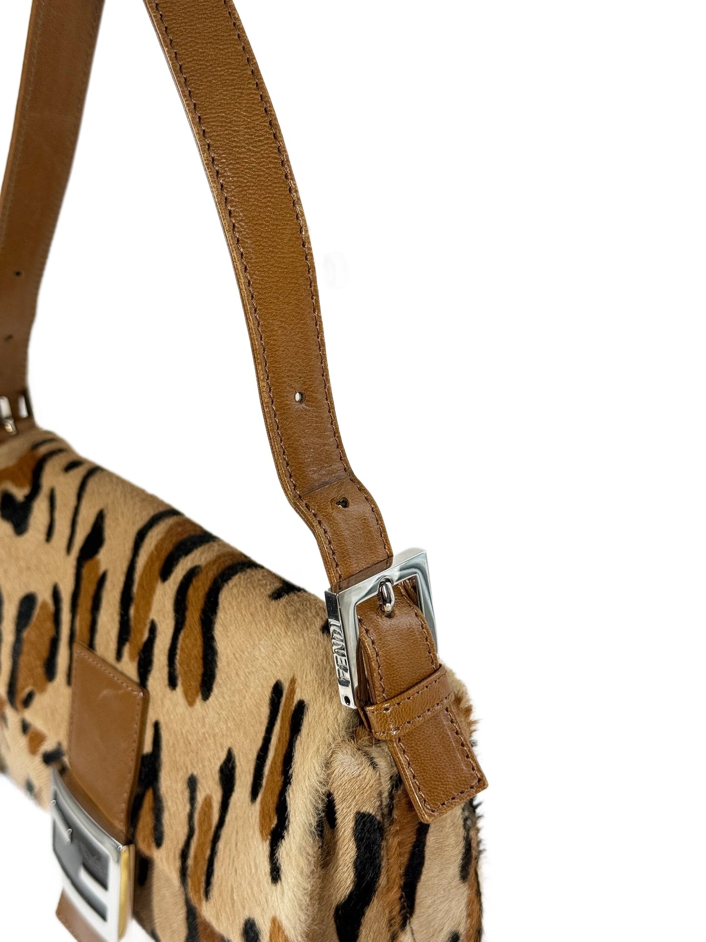 Fendi Vintage Beige Brown Leopard Print Pony Hair Shoulder Baguette Bag