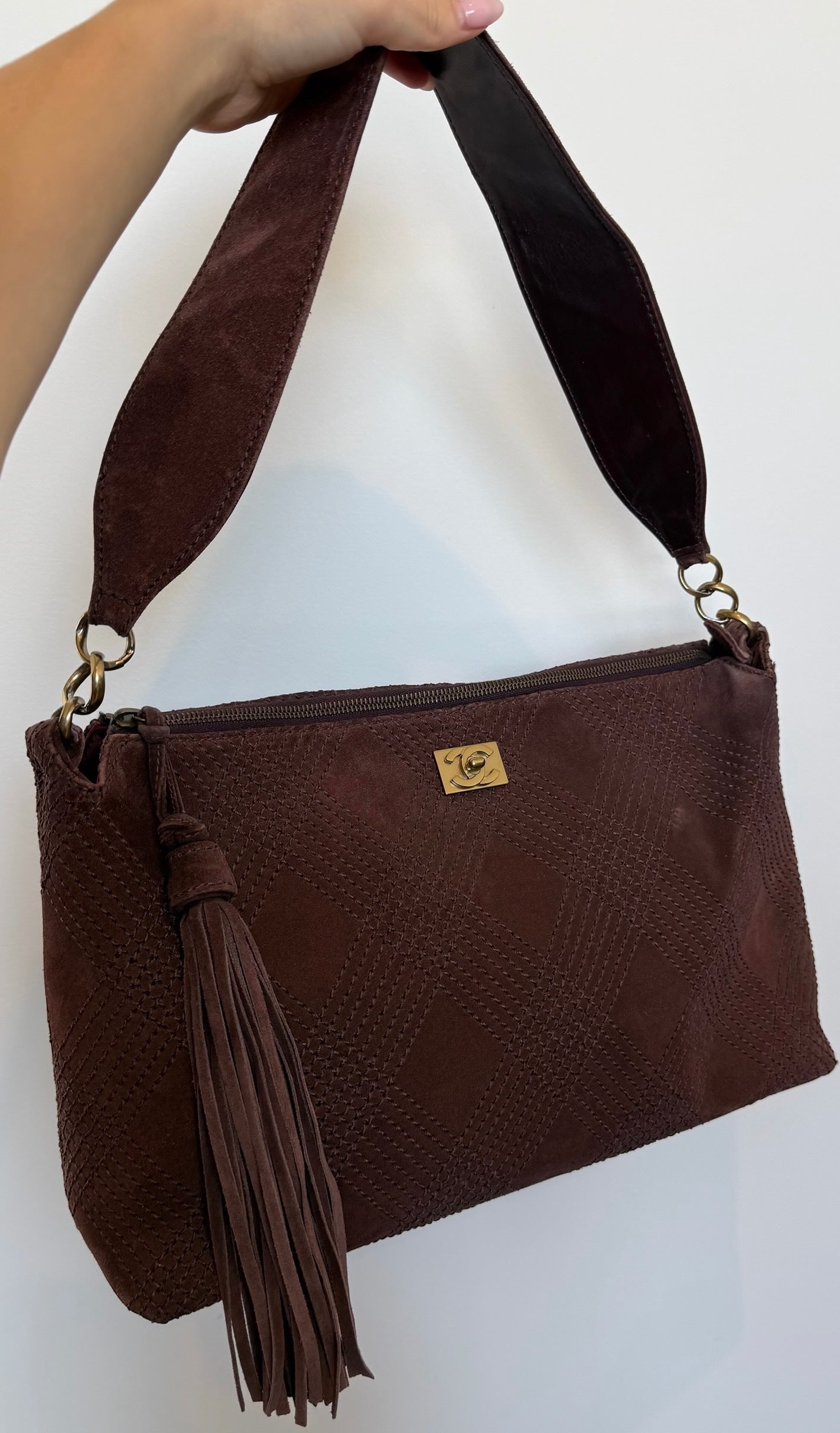 Chanel Vintage 00s Brown Suede Quilted Medium Shoulder Bag with Tassel