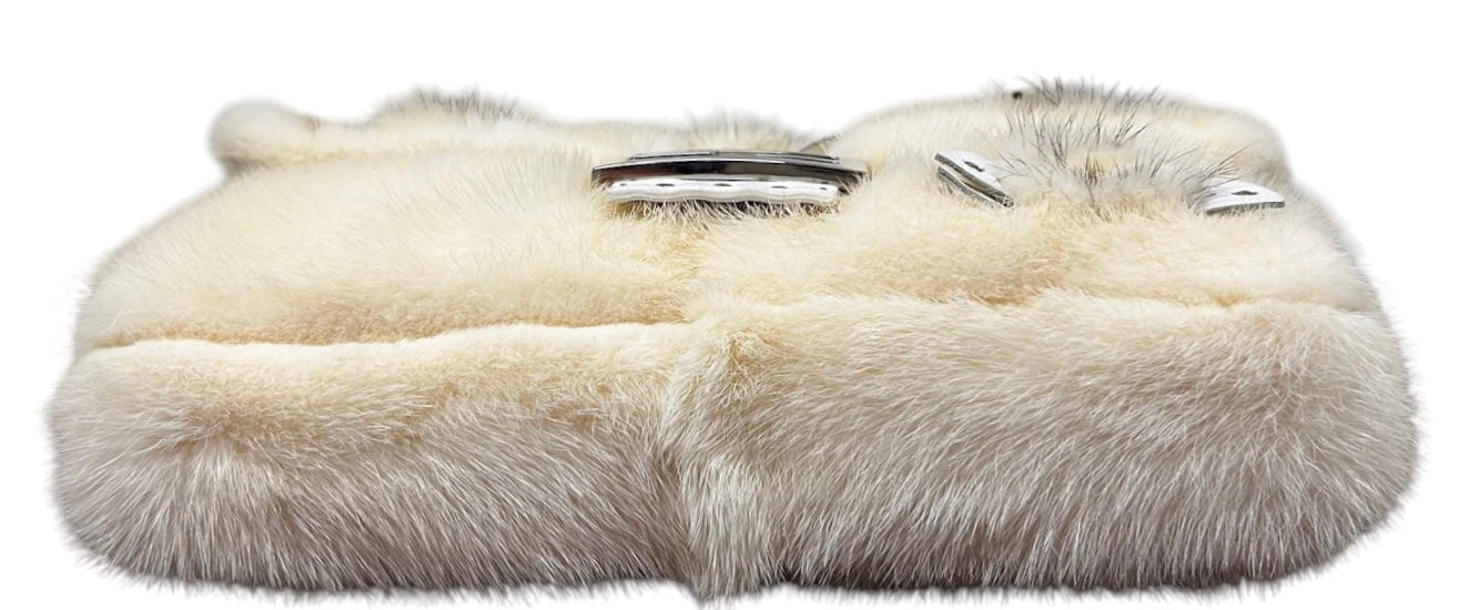 Fendi Vintage Ivory Rabbit Fur Selleria Leather Trim Shoulder Baguette Bag with Rose Details