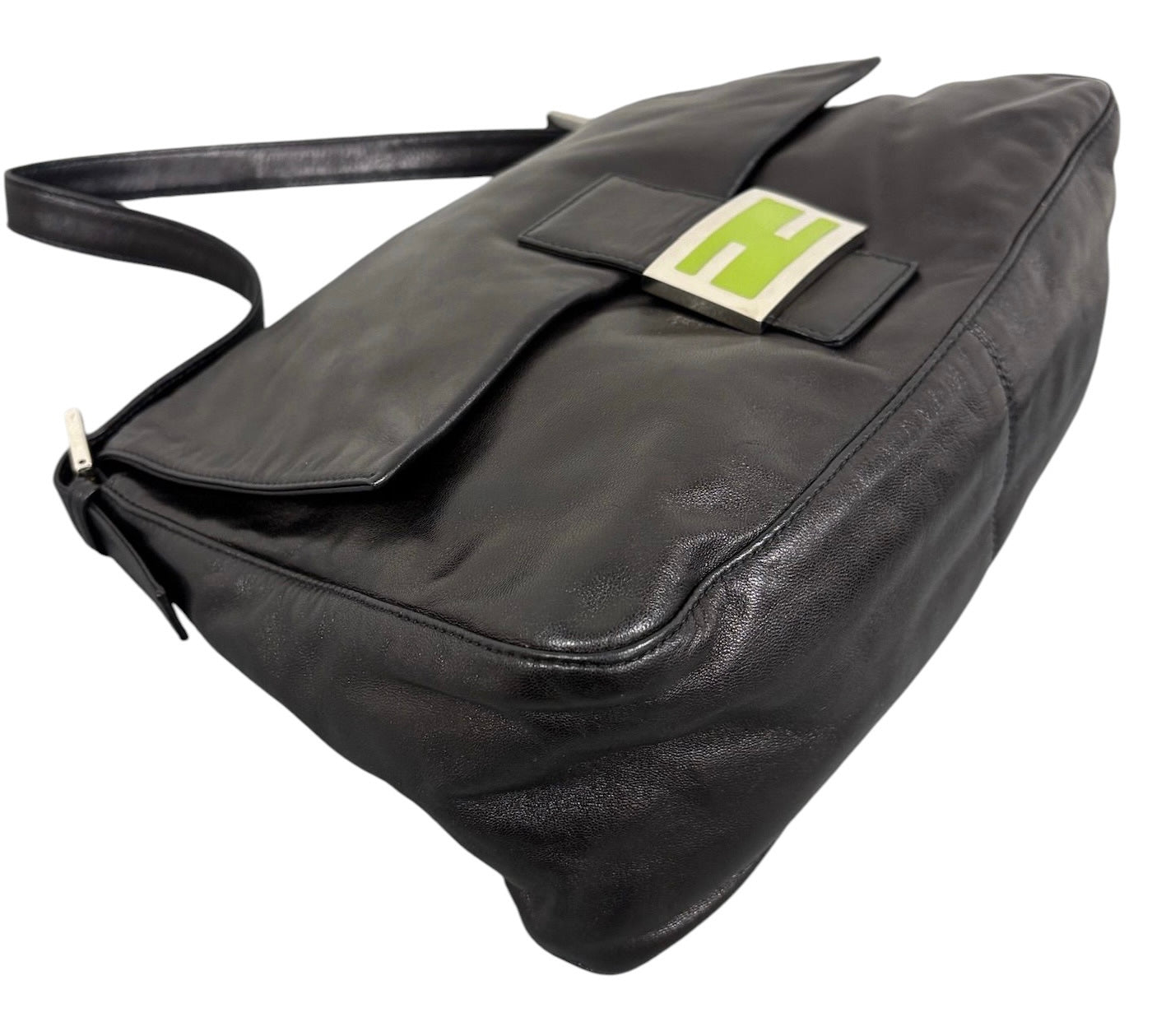 Fendi Vintage Black Lambskin Green Logo Mamma Shoulder Baguette Bag