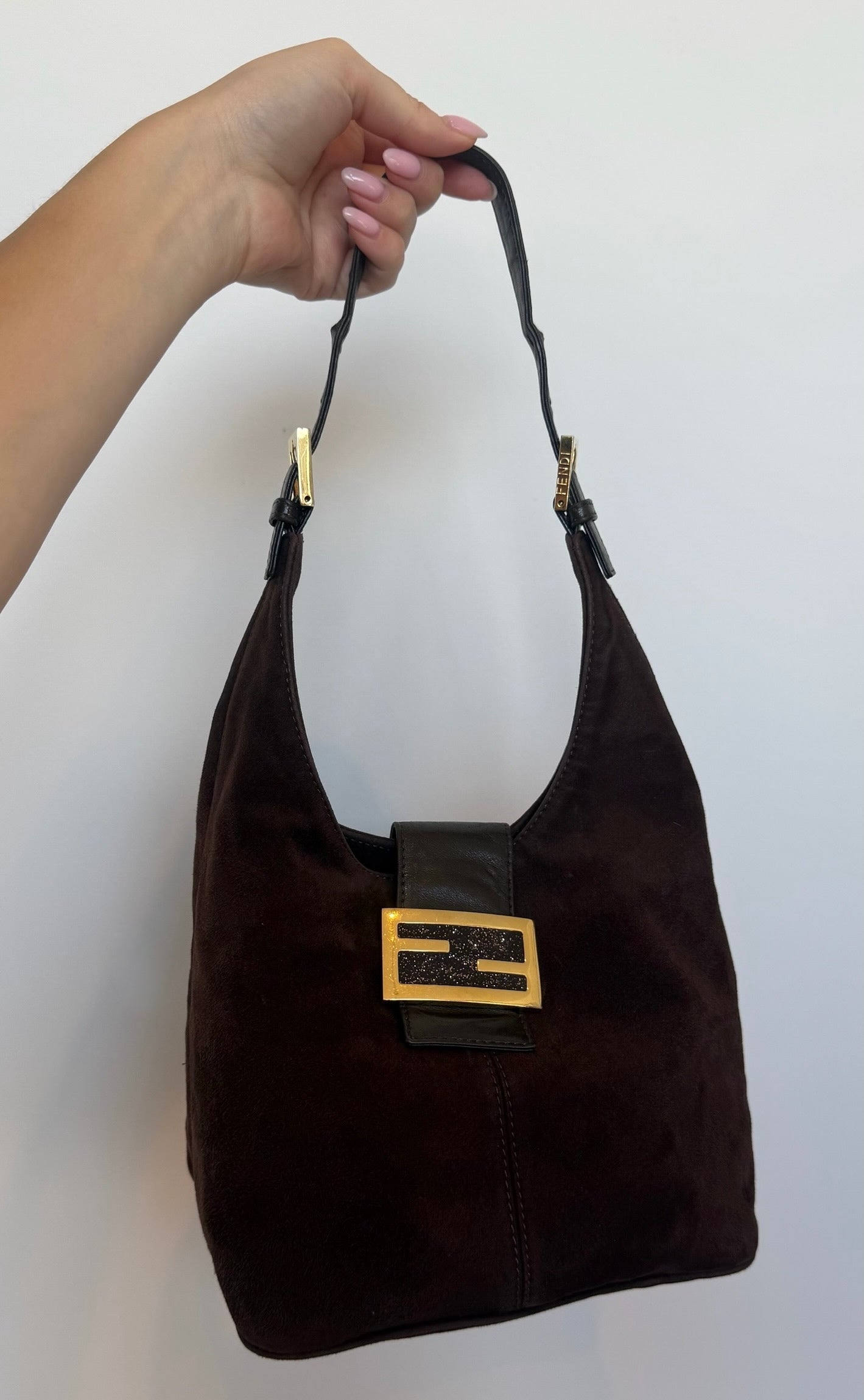 Fendi Vintage Brown Suede Hobo Bucket Shoulder Baguette Bag with Purple Glitter Logo