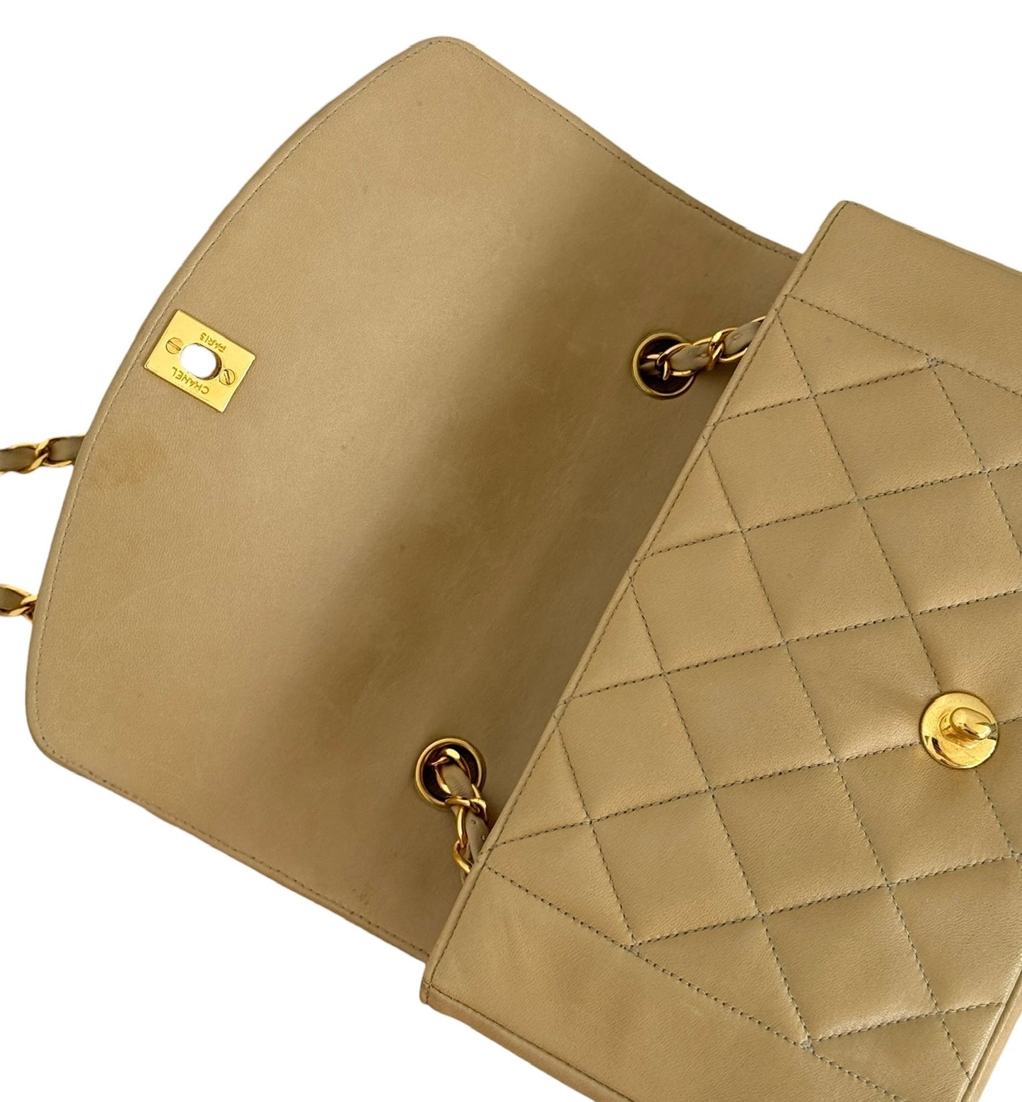 Chanel Vintage 90s Beige Quilted Lambskin Small Diana Classic Flap Bag with 24K GPHW