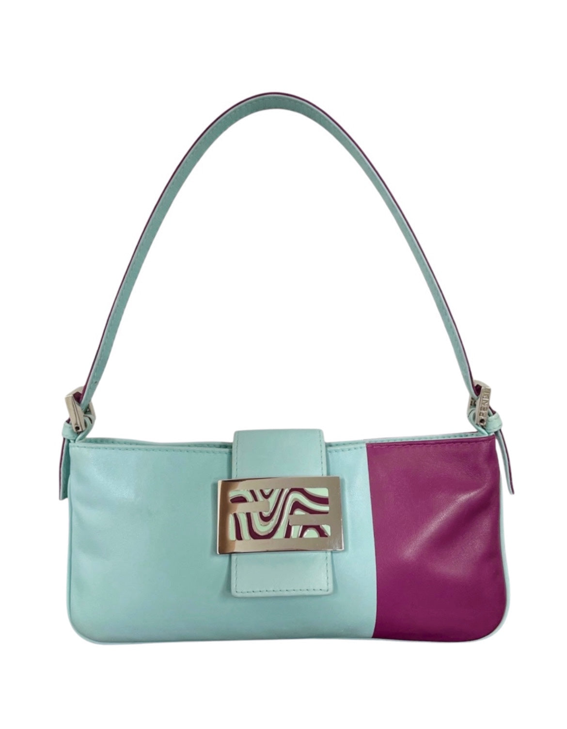 Fendi Vintage Bicolor Blue & Purple Lambskin Flat Baguette Pochette with Swirl Design Buckle