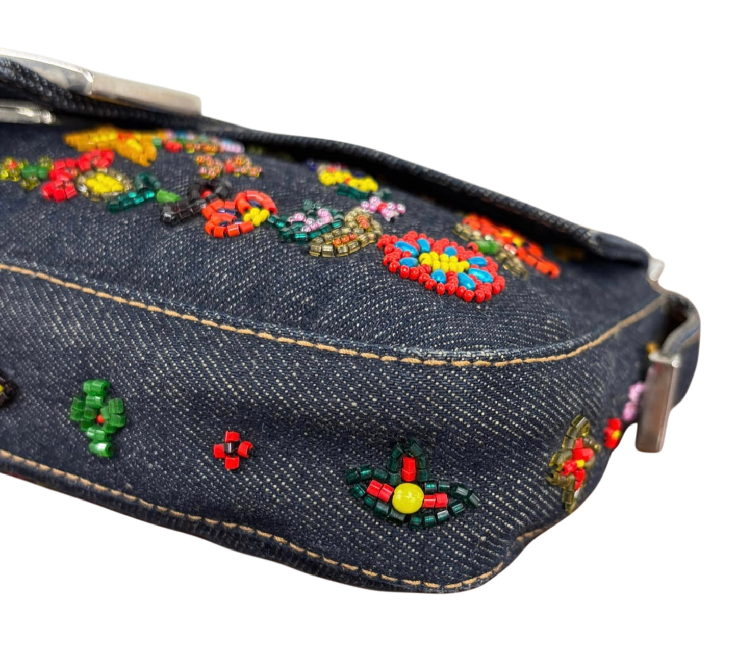 Fendi Vintage Blue Denim Floral Embroidered Beaded Shoulder Baguette Bag