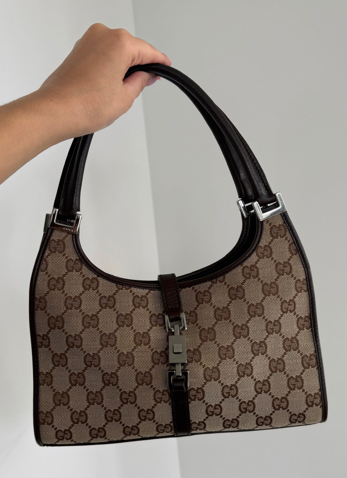 Gucci Vintage Brown GG Monogram Dark Brown Leather Trim Small Jackie Shoulder Bag