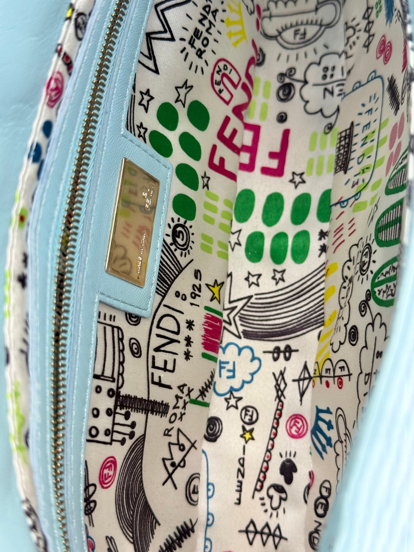 Fendi Vintage Blue Nappa Embossed Logo Leather Shoulder Baguette Bag