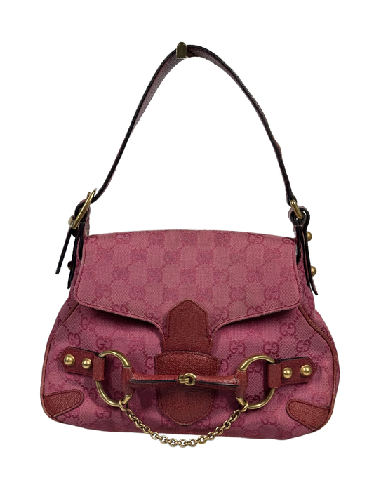 Gucci Vintage Fuchsia Pink GG Monogram Small 1955 Horsebit Shoulder Bag