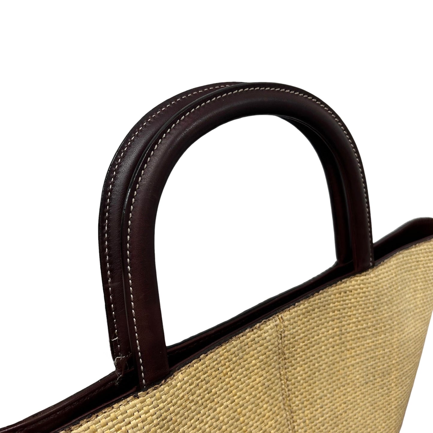 Chanel Vintage 90s Beige Raffia Brown Lambskin Top Handle Tote Bag 