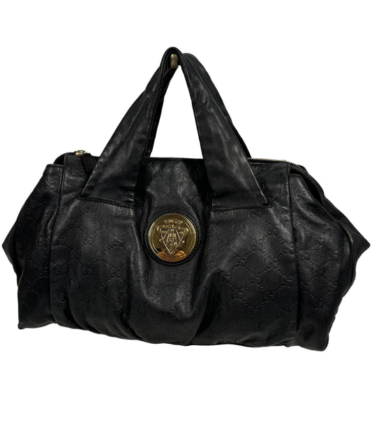 Gucci Vintage Black Embossed Leather GG Monogram Hysteria Top Handle Hobo Bag