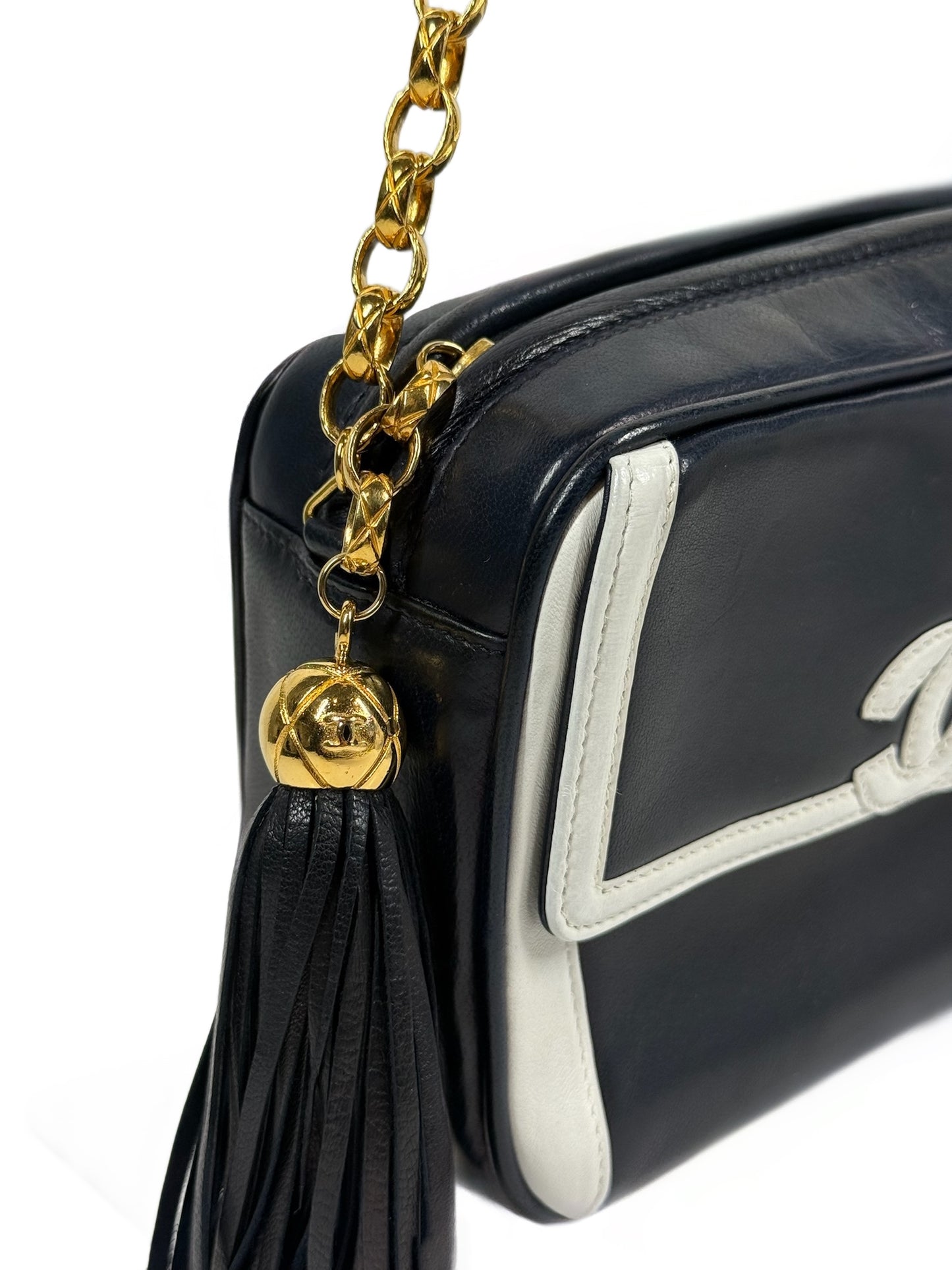 Chanel Vintage 90s Navy Blue White Lambskin Leather Trim Tassel Camera Shoulder Bag