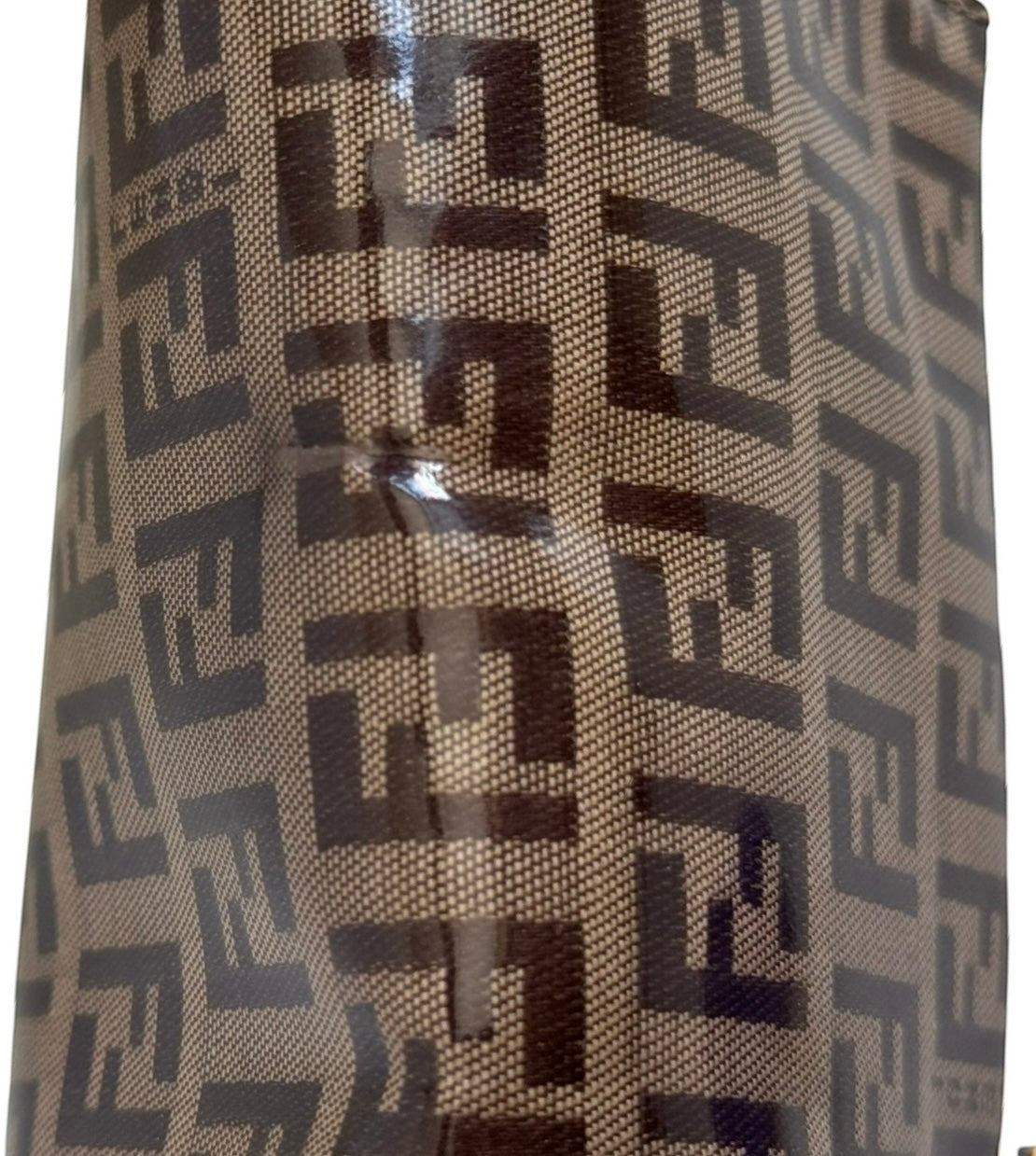 Fendi Vintage Coated Light Brown Zucchinno Zucca Monogram Shoulder Baguette Bag with Gold Enamel Logo