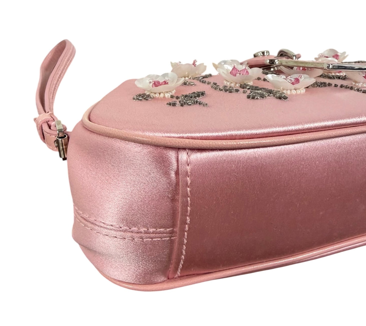 Dior Vintage 2005 Pink Satin Floral Beaded Embellished D Logo Wristlet Clutch Evening Bag Limited Edition #0102