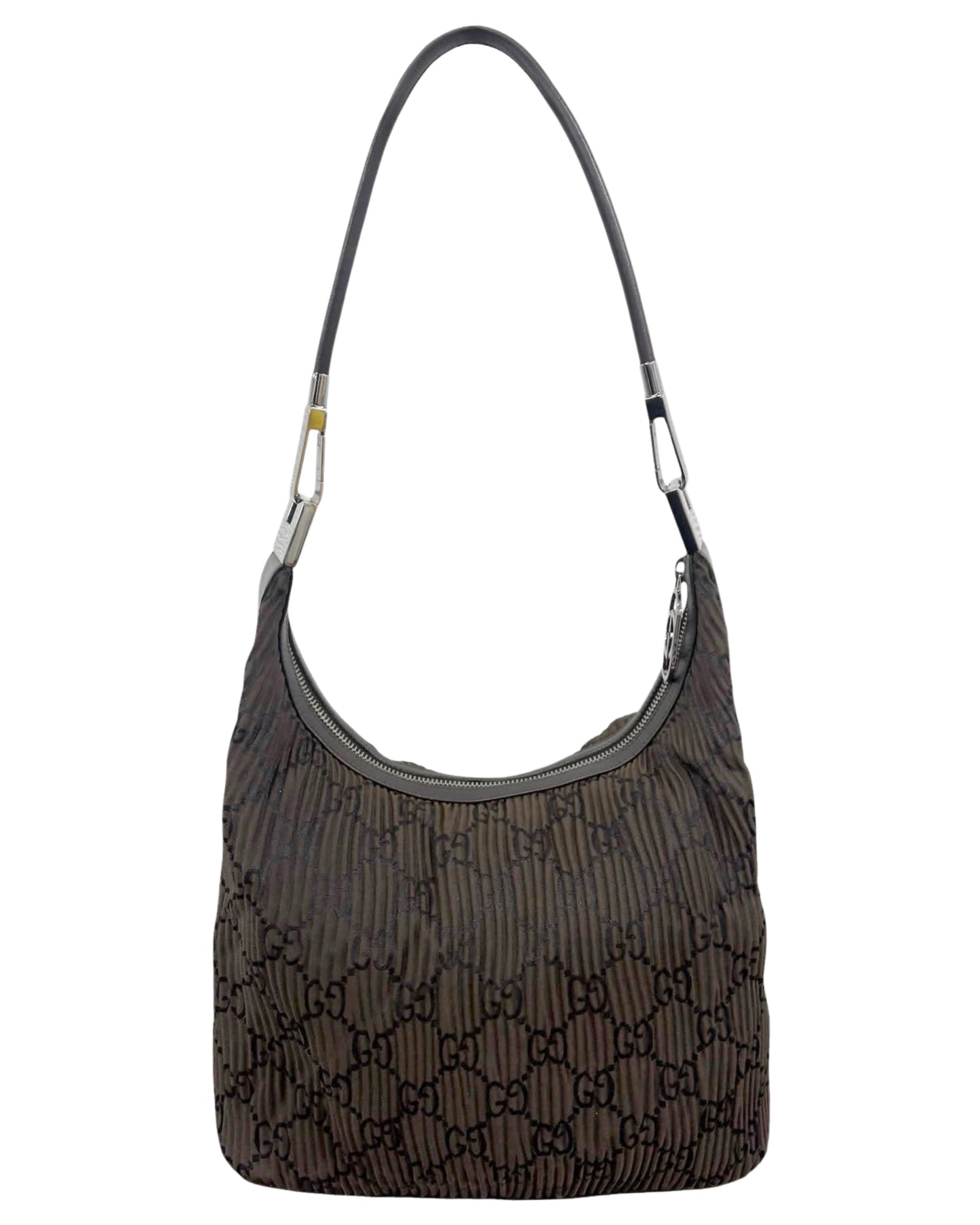 Gucci Vintage Dark Brown Satin Pleated GG Monogram Small Hobo Shoulder Bag