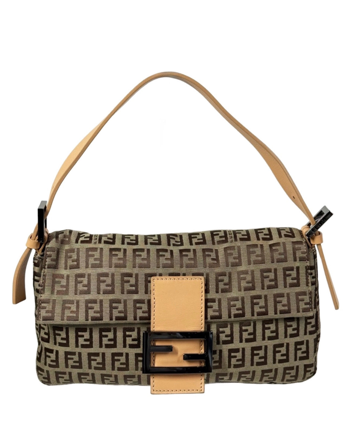 Fendi Vintage Light Brown Zucca Monogram Caramel Leather Trim Shoulder Baguette Bag