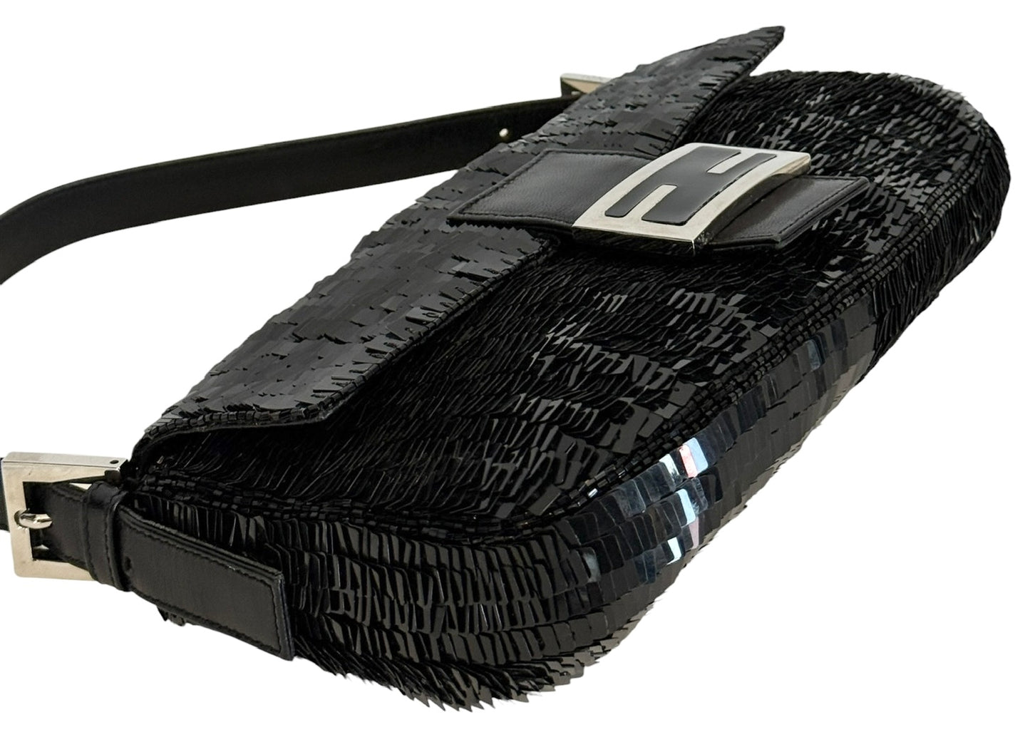 Fendi Vintage Black Paillettes Sequin Beaded Shoulder Baguette Bag