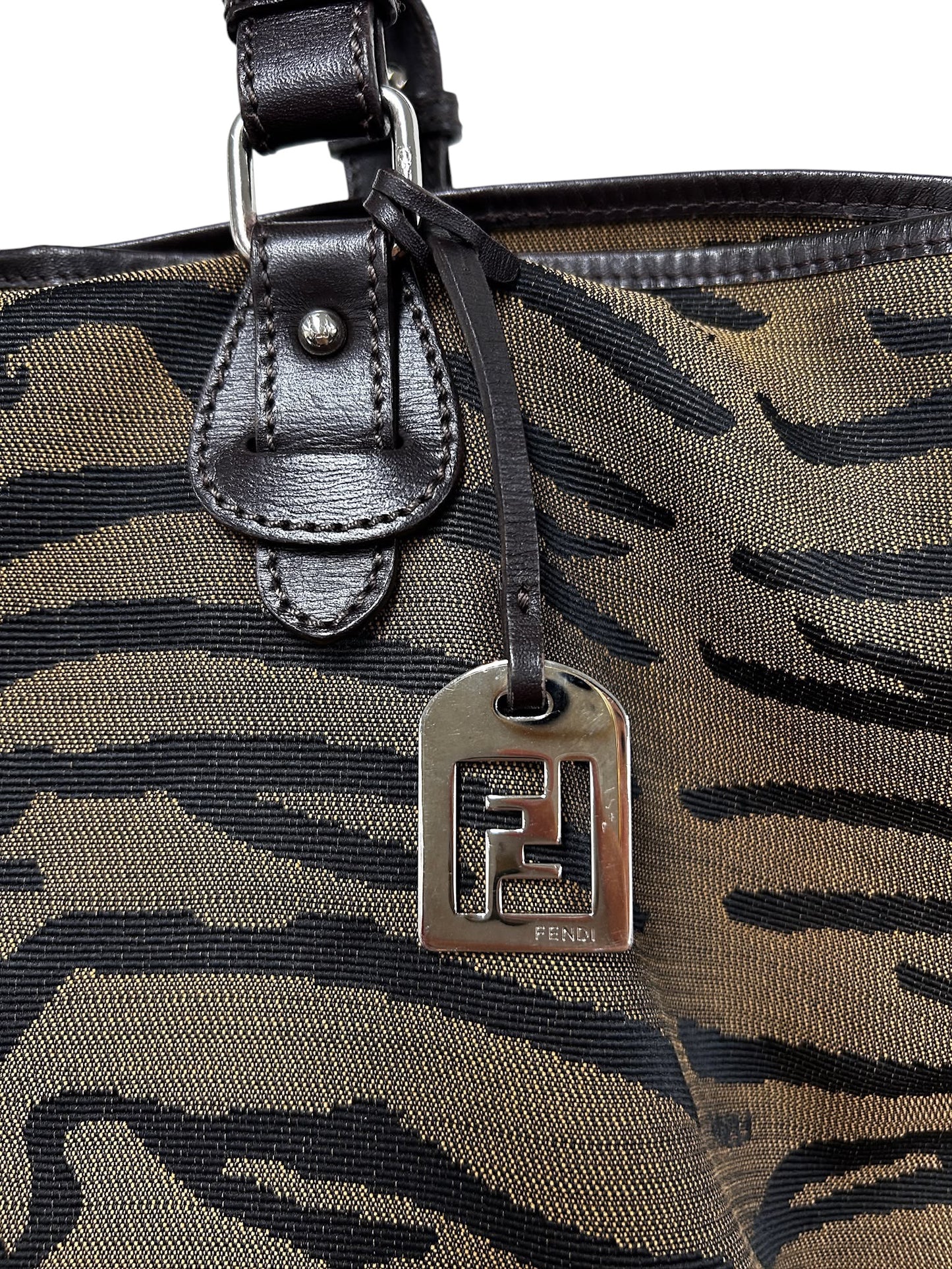 Fendi Vintage Brown Zebra Print Canvas Brown Leather Trim Shoulder Tote Bag  