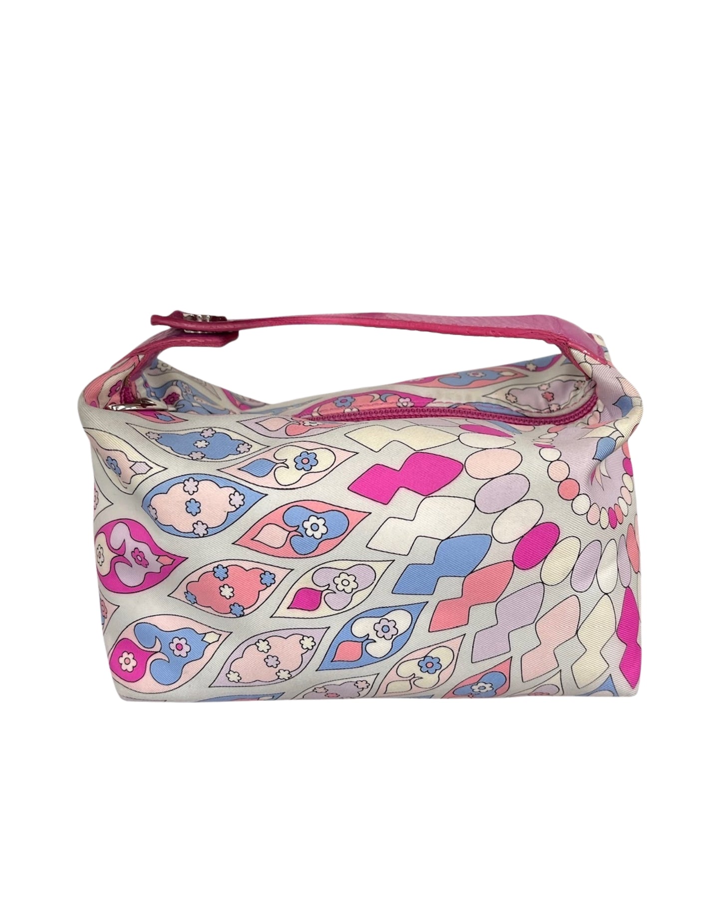 Pucci Vintage Pink & Blue Satin Mini Cosmetic Top Handle Pochette Bag 
