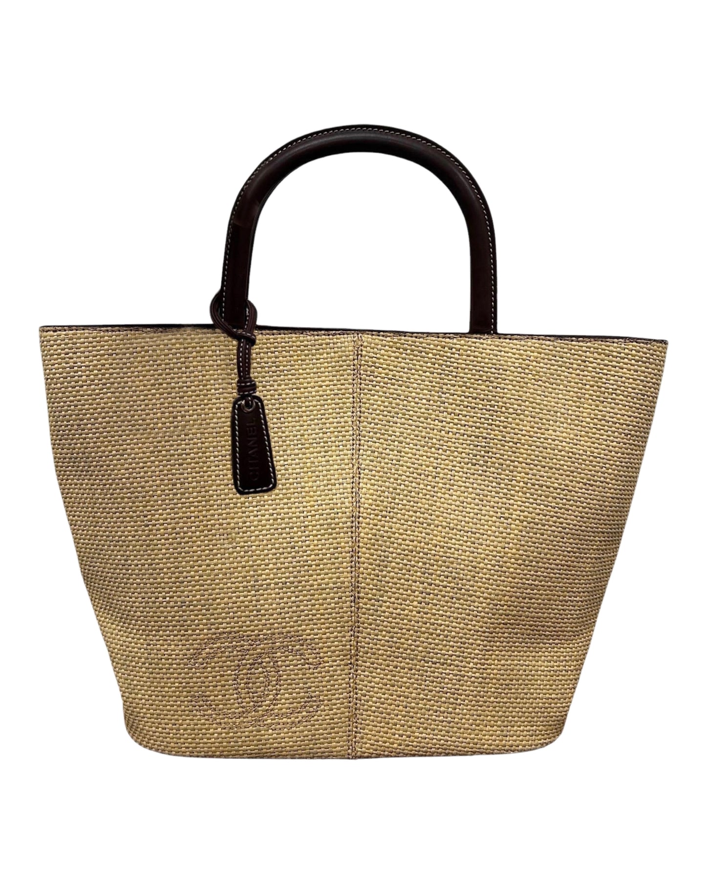 Chanel Vintage 90s Beige Raffia Brown Lambskin Top Handle Tote Bag 