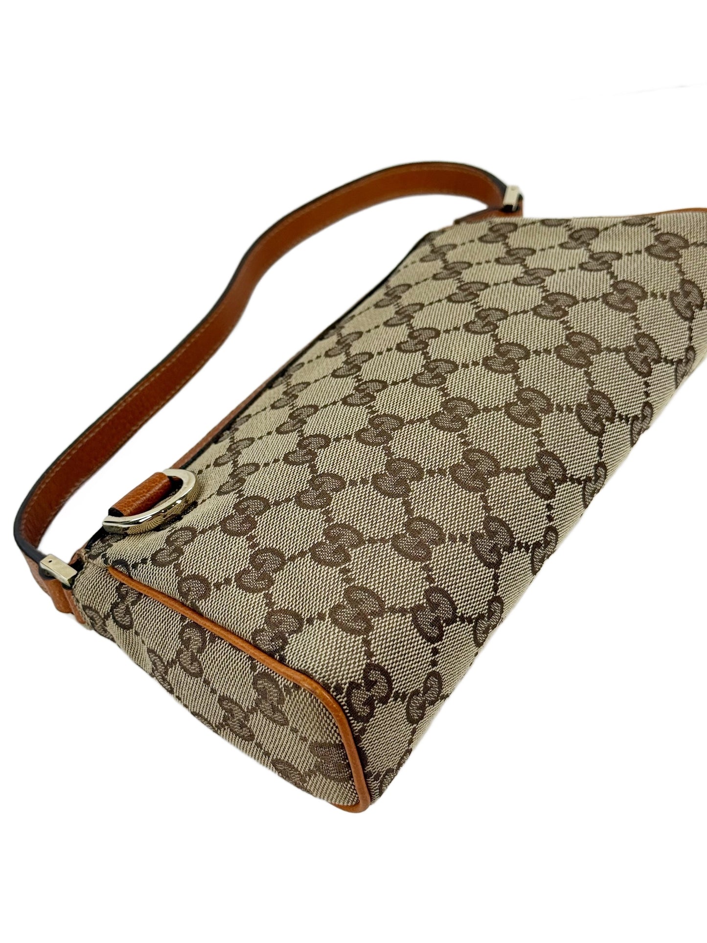 Gucci Vintage Brown GG Monogram Orange Leather Trim Abbey Pochette