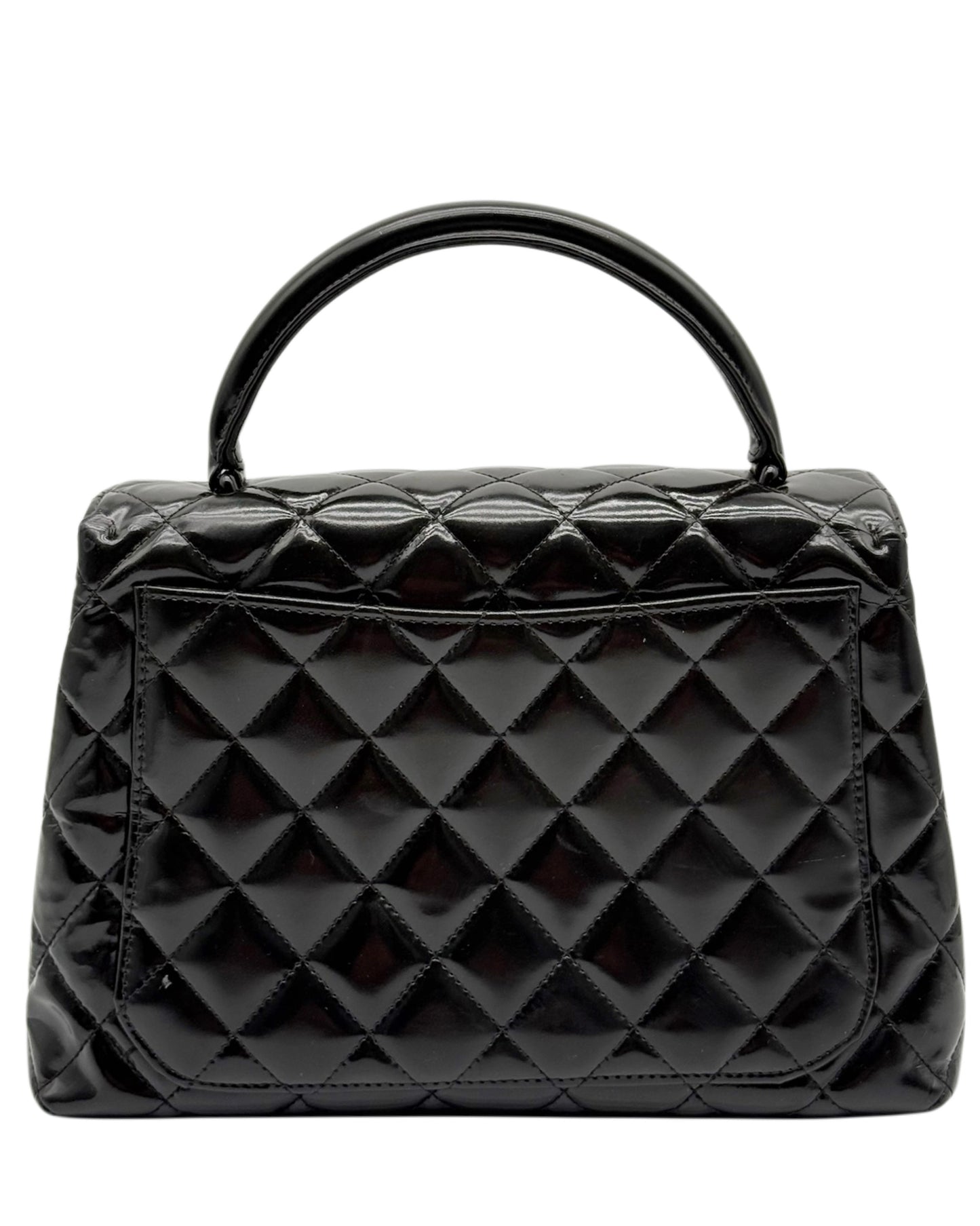 Chanel Vintage 90s Black Quilted Patent Leather So Black Hardware Small Kelly Top Handle Flap Bag