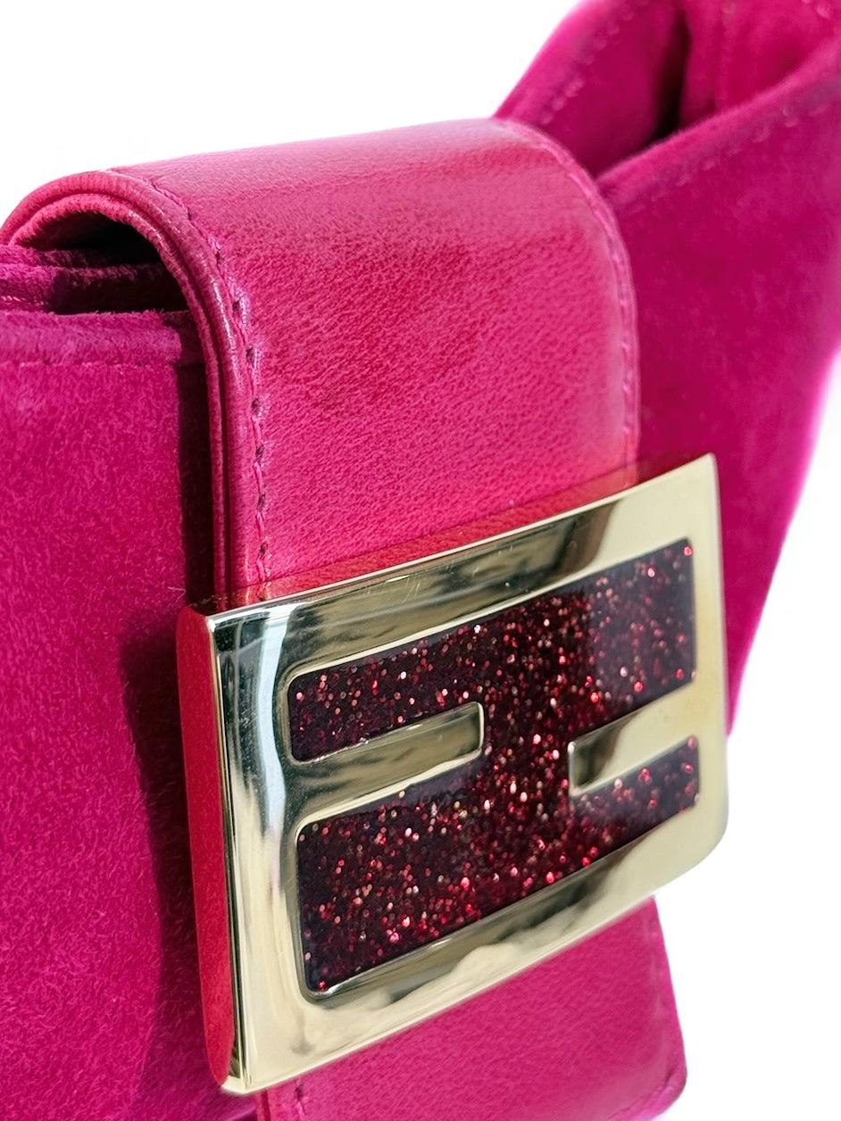 Fendi Vintage Hot Pink Suede Glitter Logo Mini Croissant Baguette Bag