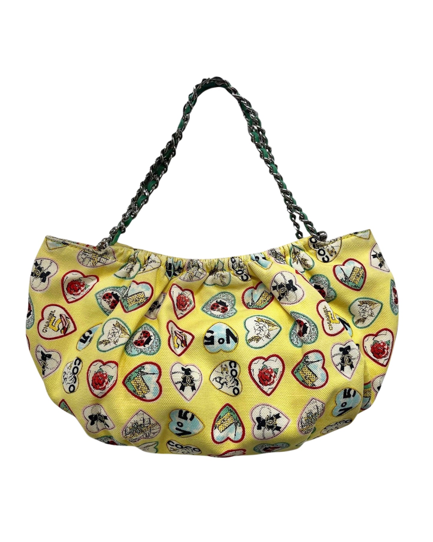 Chanel Vintage 2006 Yellow Valentine Heart Motif Canvas CC Charm Small Pochette Bag